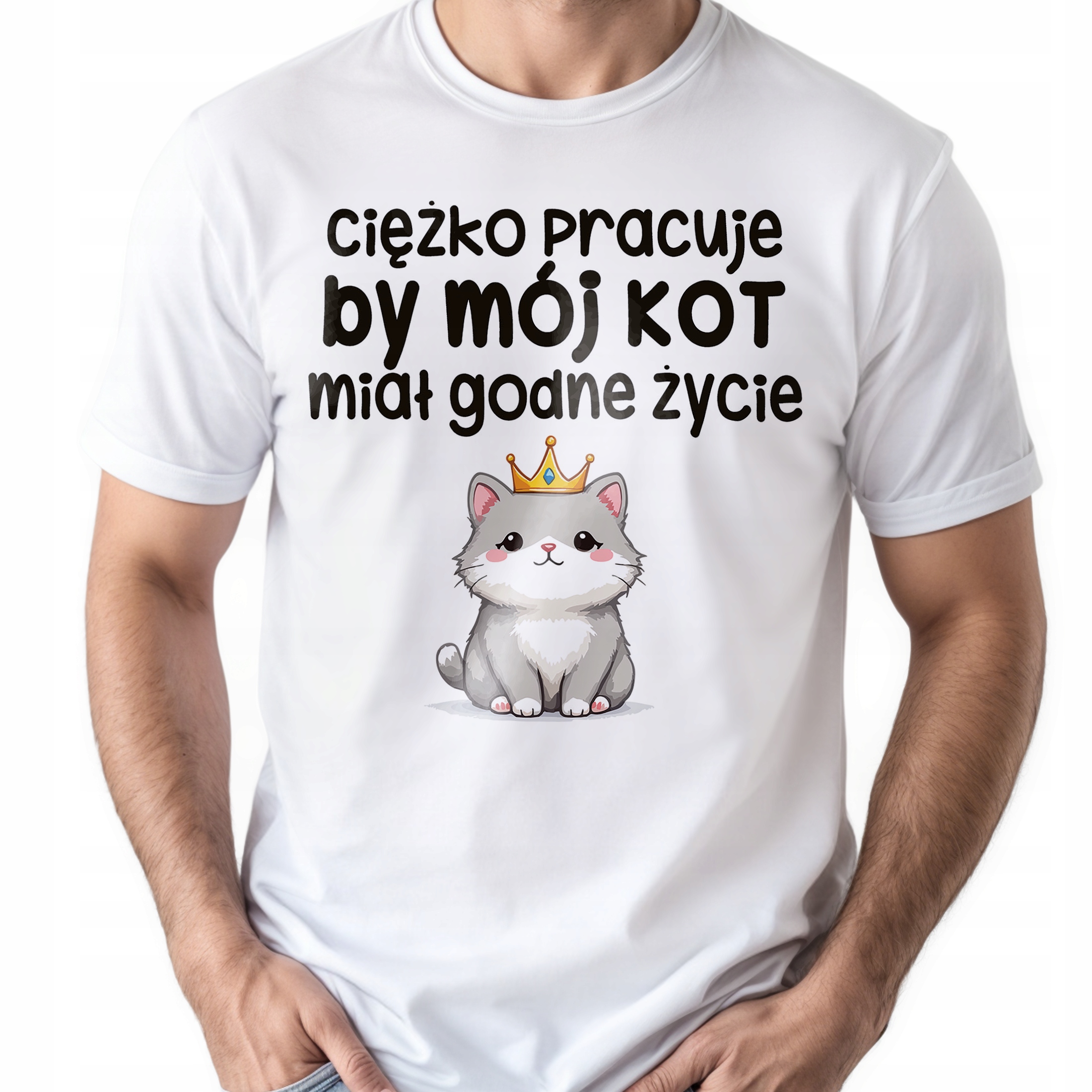 Koszulka biała męska Ciężko Pracuję By Mój Kot Zabawny Prezent