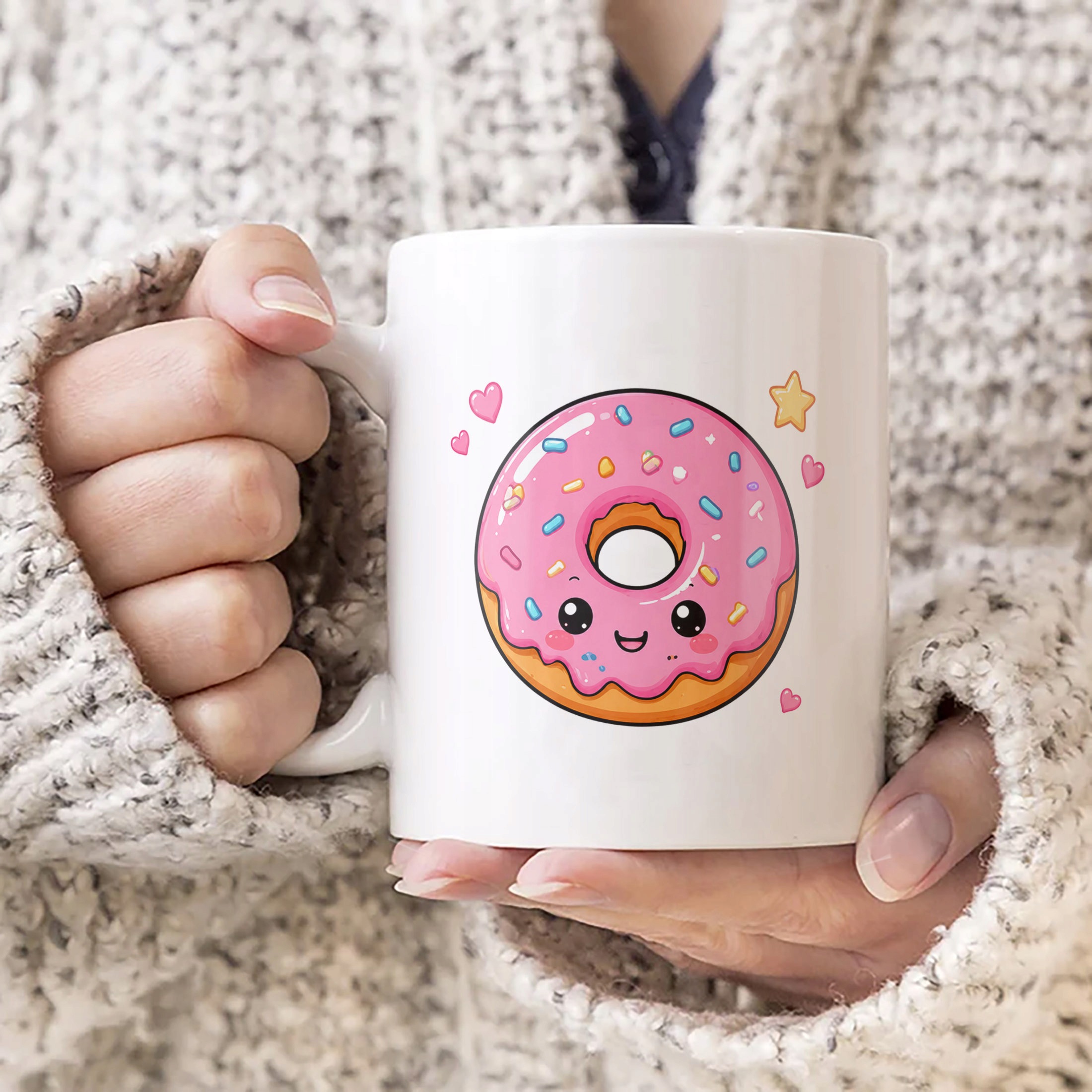 Zestaw Kubek Biały Poduszka Z Nadrukiem Kawaii Pączek Prezent