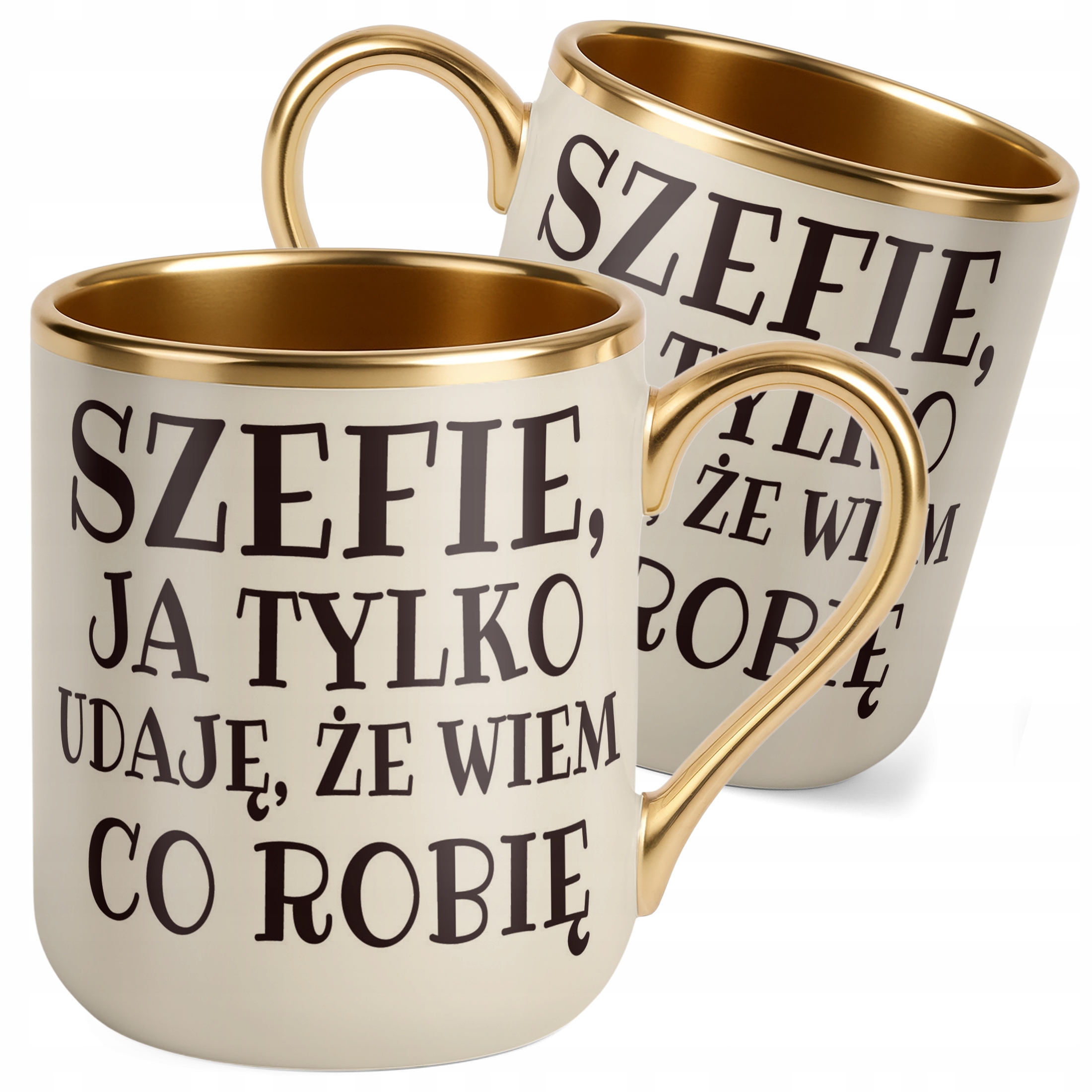 Kubek Premium Złoty Ecru Szefie Ja Tylko Udaję Śmieszny Prezent