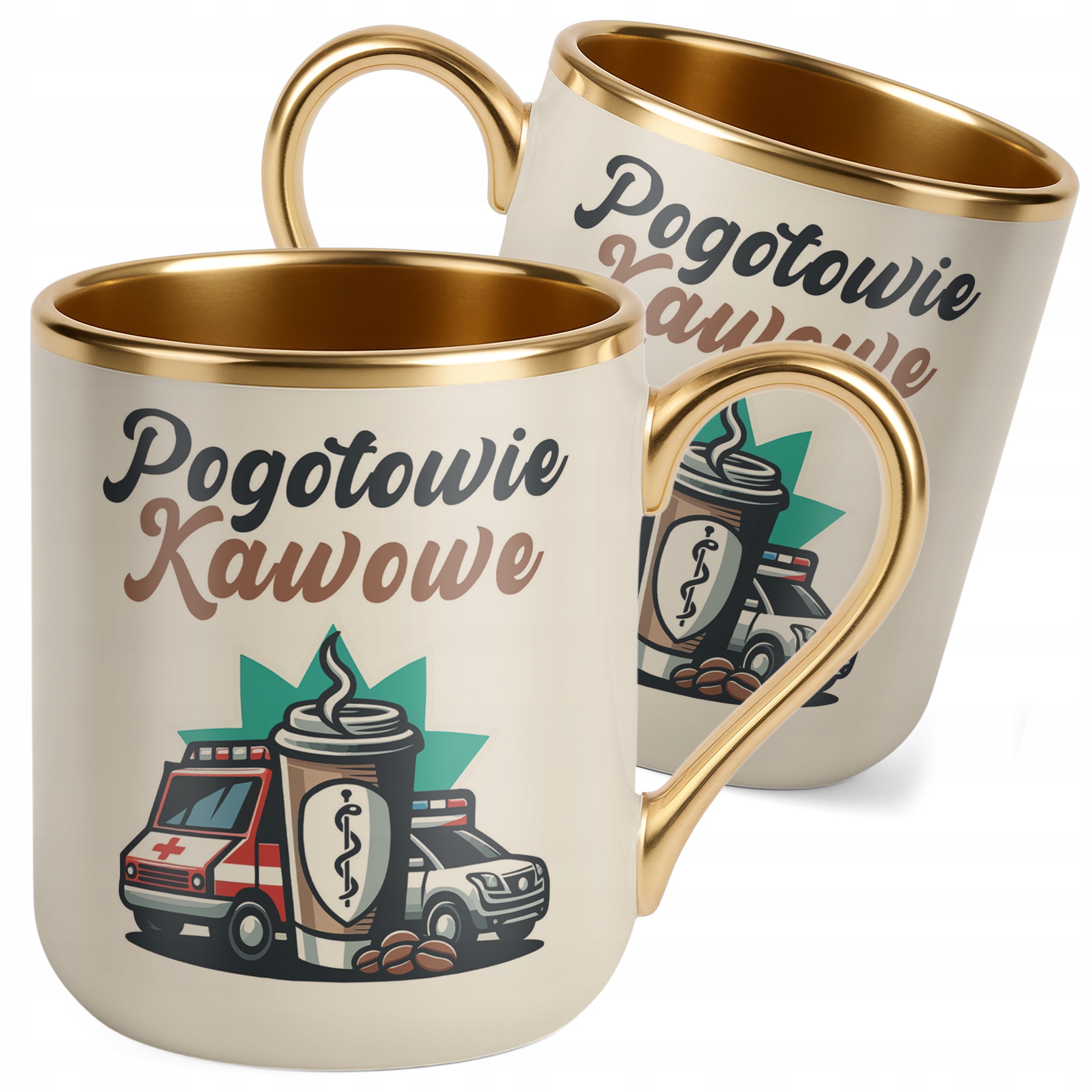 Kubek Premium Złoty Ecru Pogotowie Kawowe Zabawny Prezent Kawa