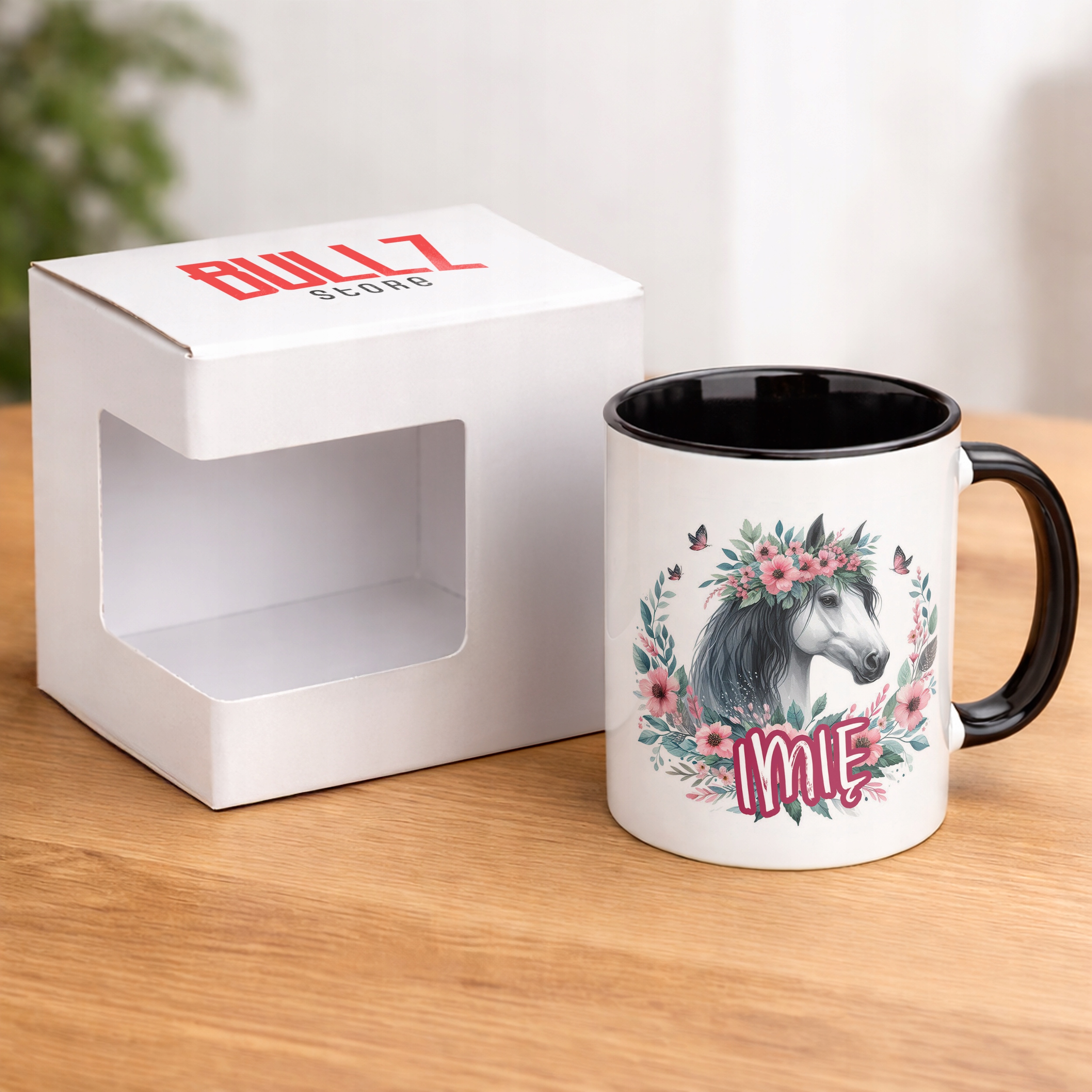 Kubek Czarny Personalizowany Z Koniem Koń Słodki Dla Dzieci Prezent