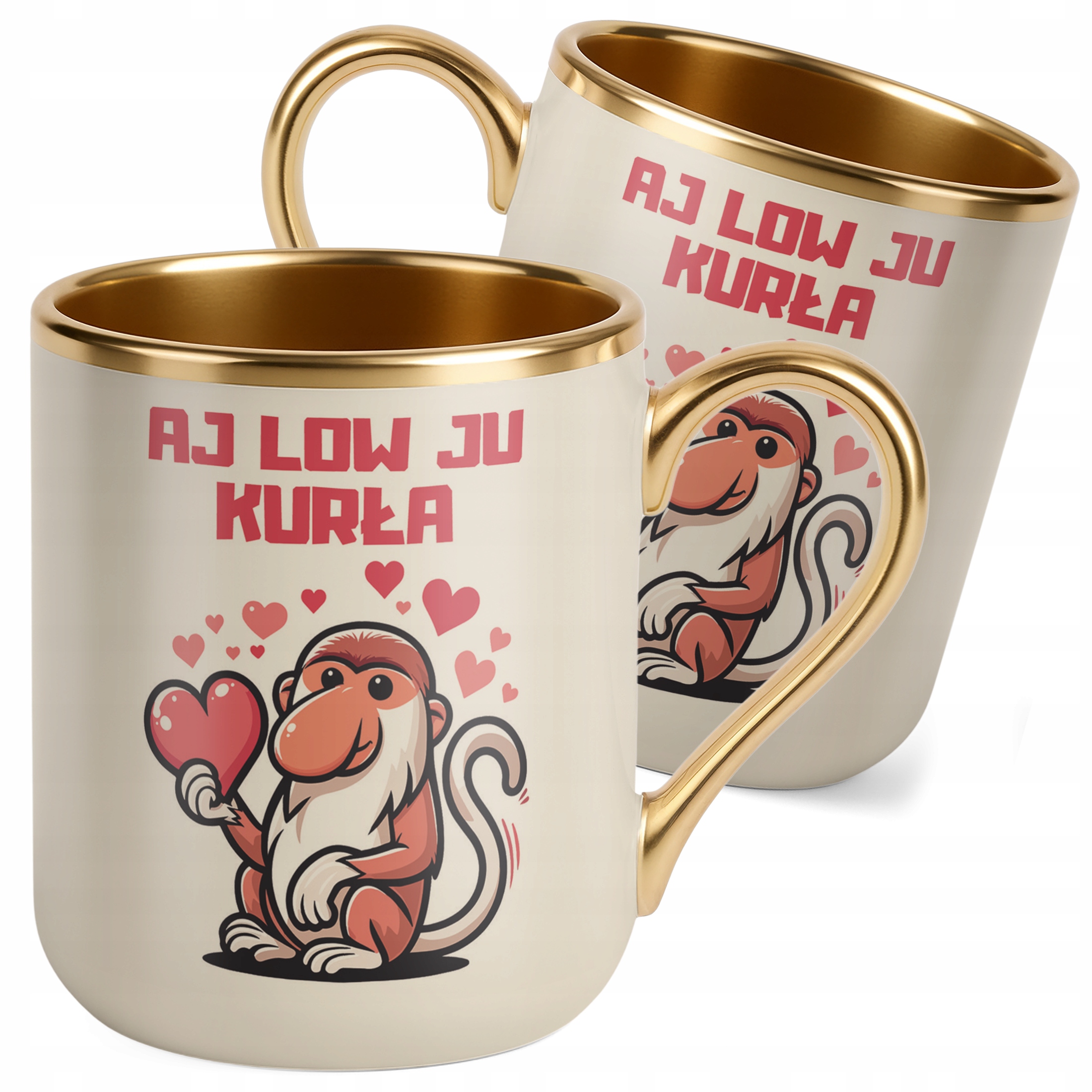 Kubek Premium Złoty Ecru Walentynki Aj Low Ju Kurła Janusz Prezent Zabawne