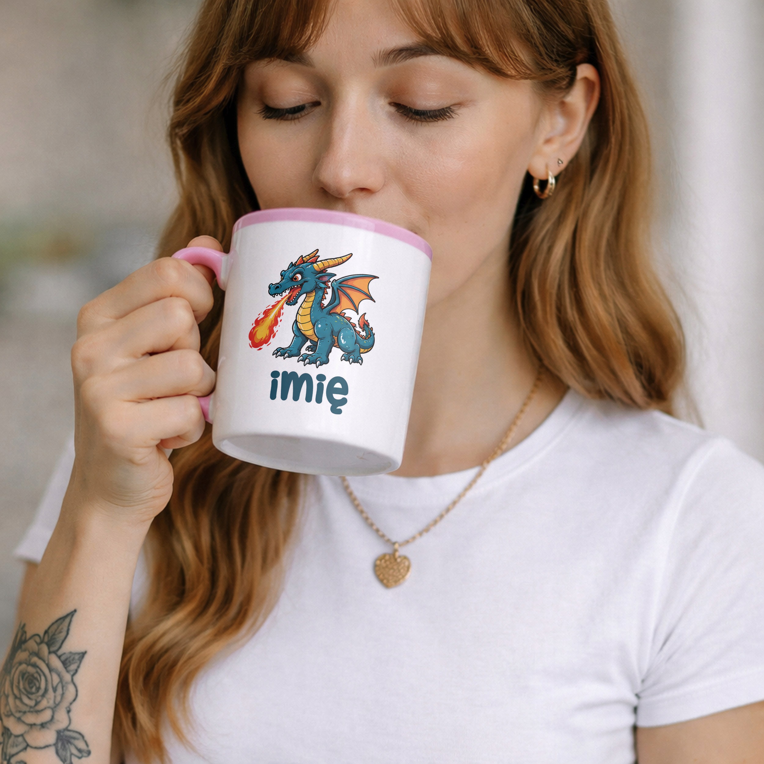 Zestaw Personalizowany Kubek Różowy Poduszka Smok Prezent