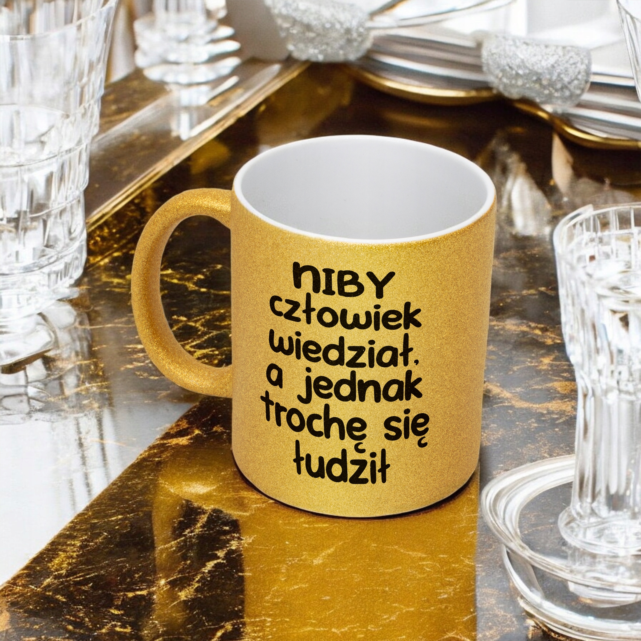Złoty Kubek Brokatowy Niby Człowiek Wiedział Zabawny Prezent