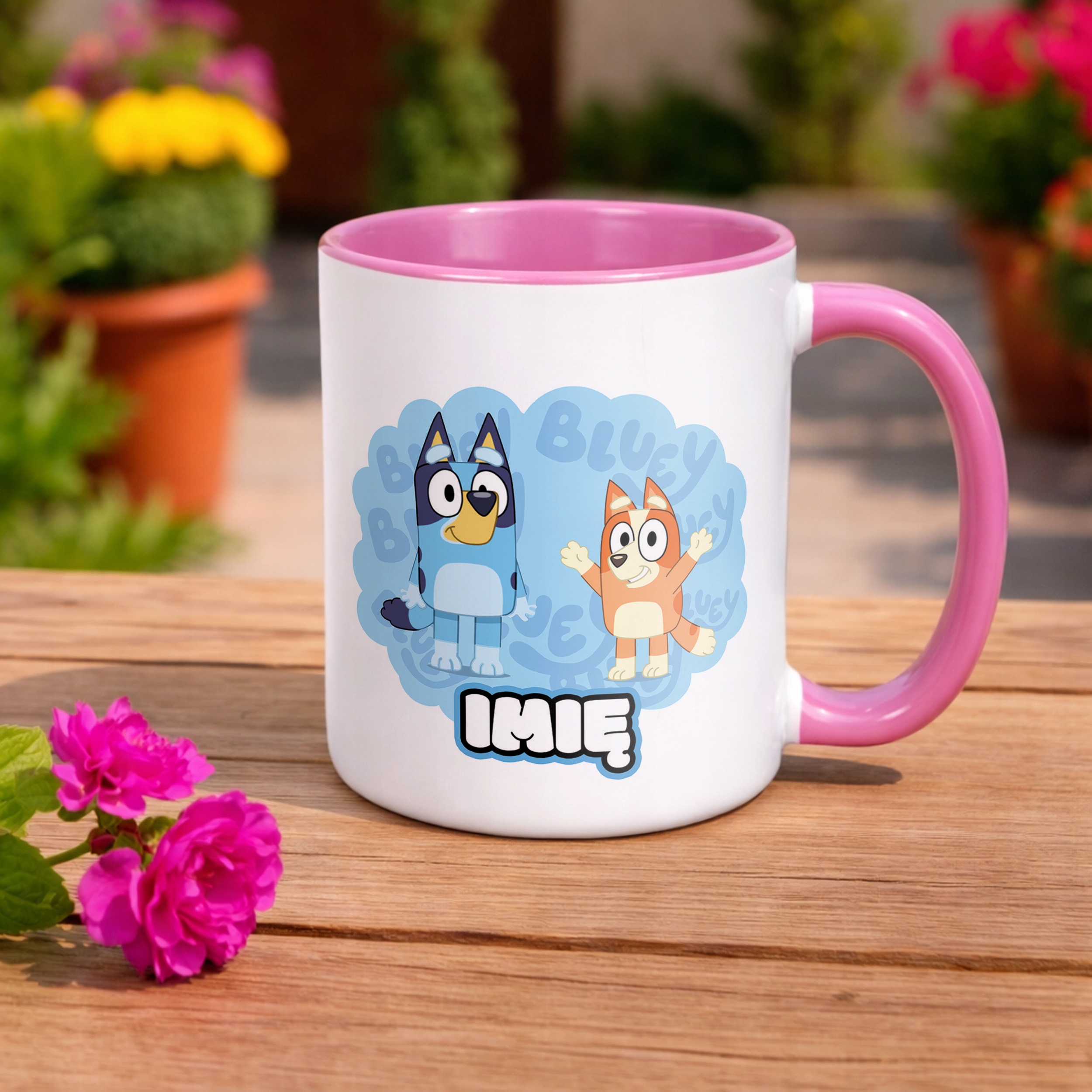Kubek Różowy Personalizowany Bluey Bingo Dla Fana Dla Dzieci Prezent