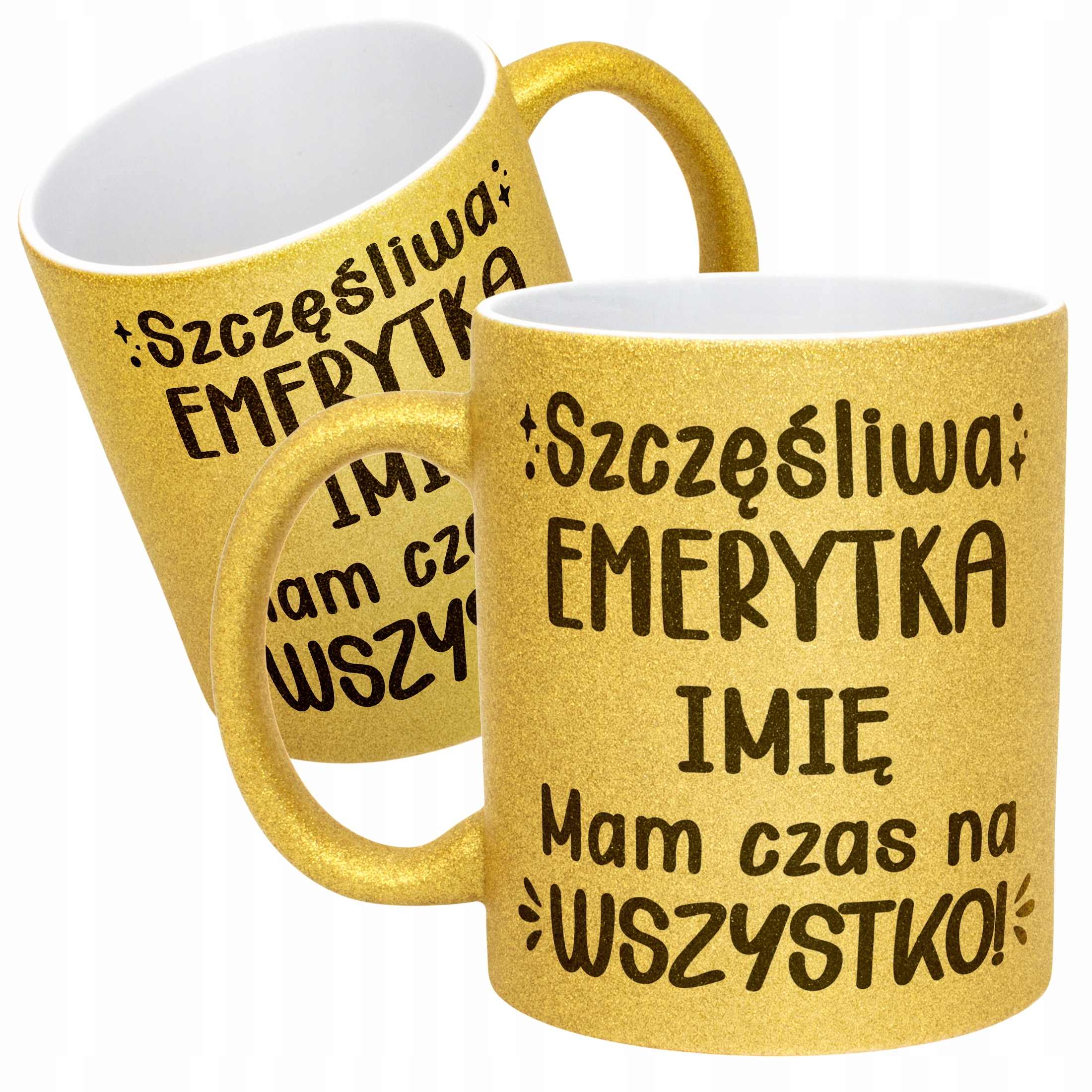 Złoty kubek brokatowy personalizowany Emerytura Dla Emerytki Prezent