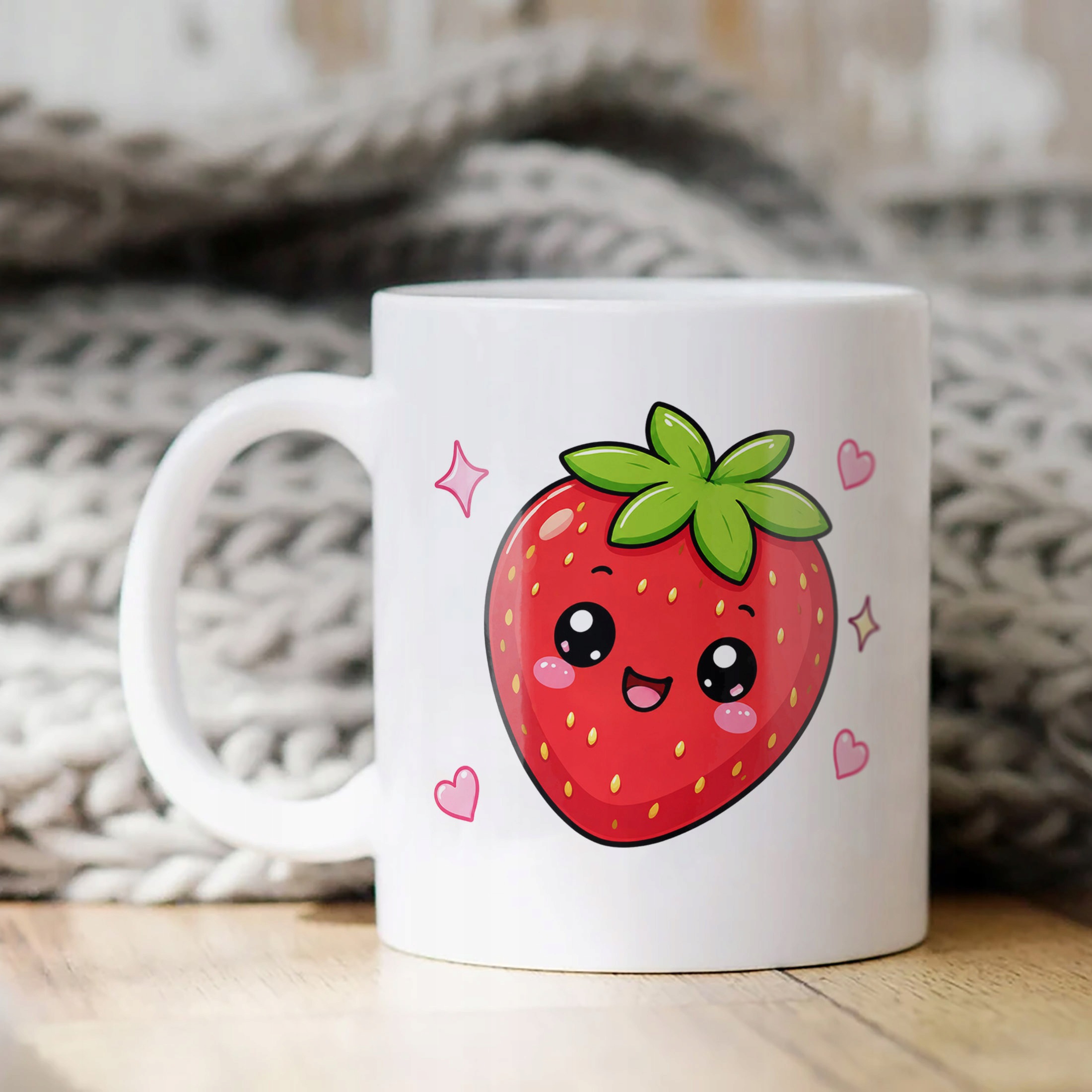 Biały Kubek z nadrukiem Kawaii Truskawka Dla Dzieci Prezent Upominek