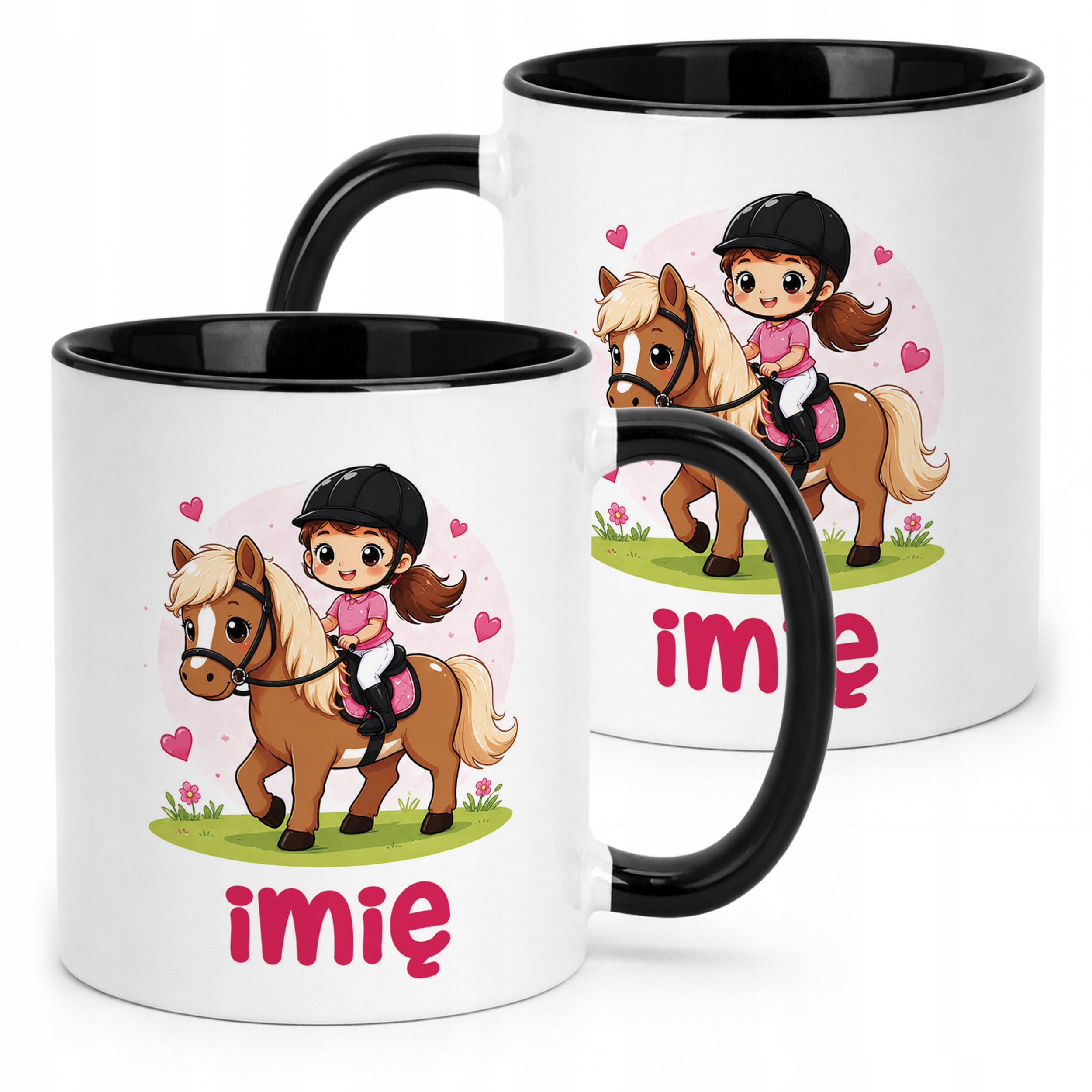 Kubek Czarny z nadrukiem personalizowany Konie Jazda Konna Dla Dzieci