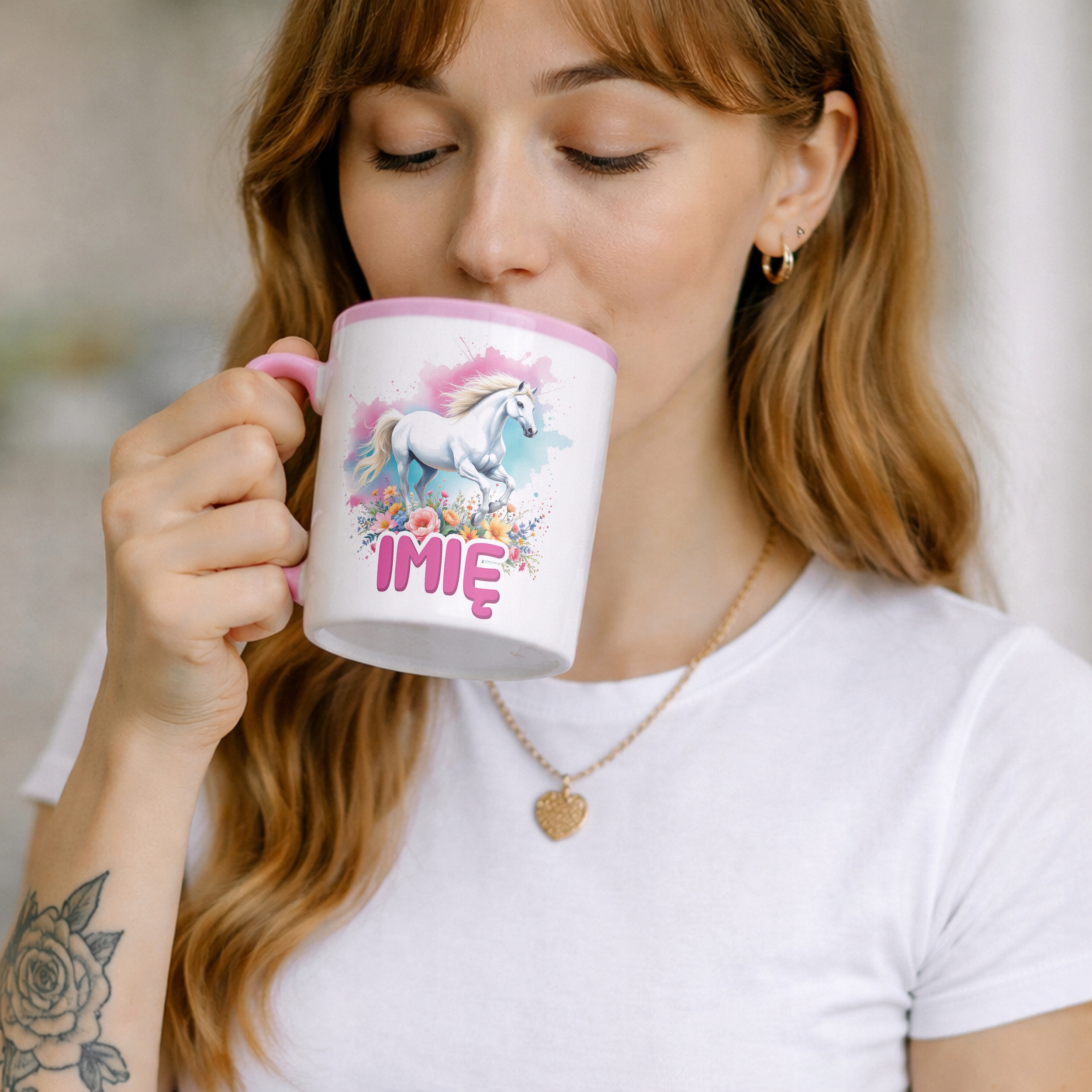 Kubek Różowy Personalizowany Z Koniem Koń Słodki Dla Dzieci