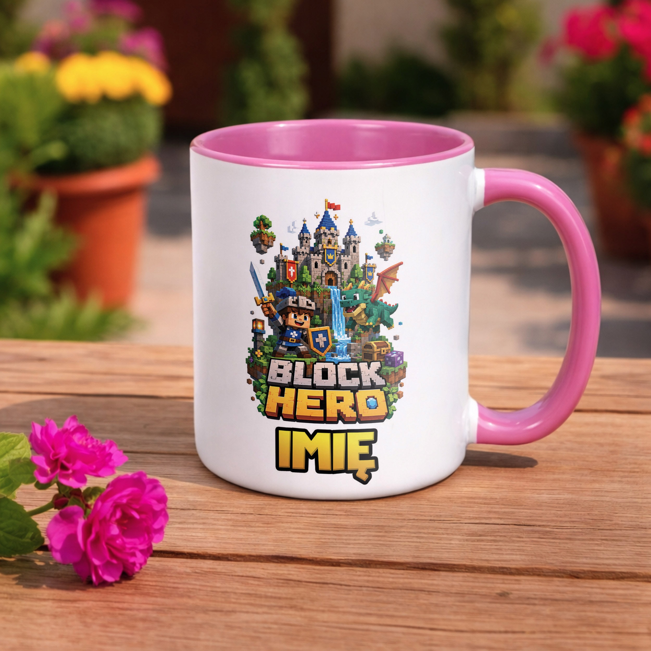 Zestaw Personalizowany Kubek Różowy Poduszka gra Block Hero Prezent