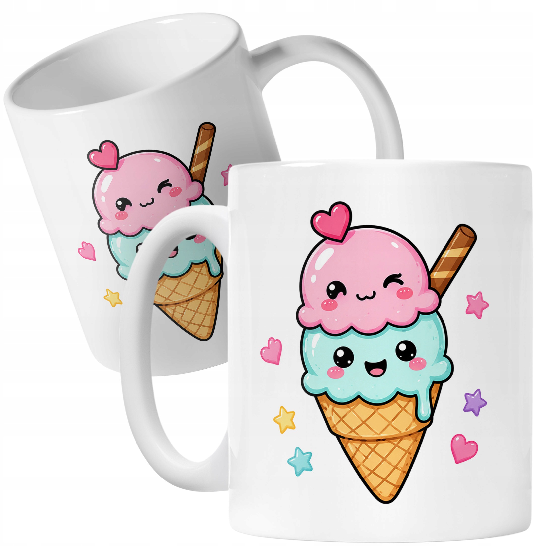 Biały Kubek z nadrukiem Kawaii Lody Dla Dzieci Prezent Upominek