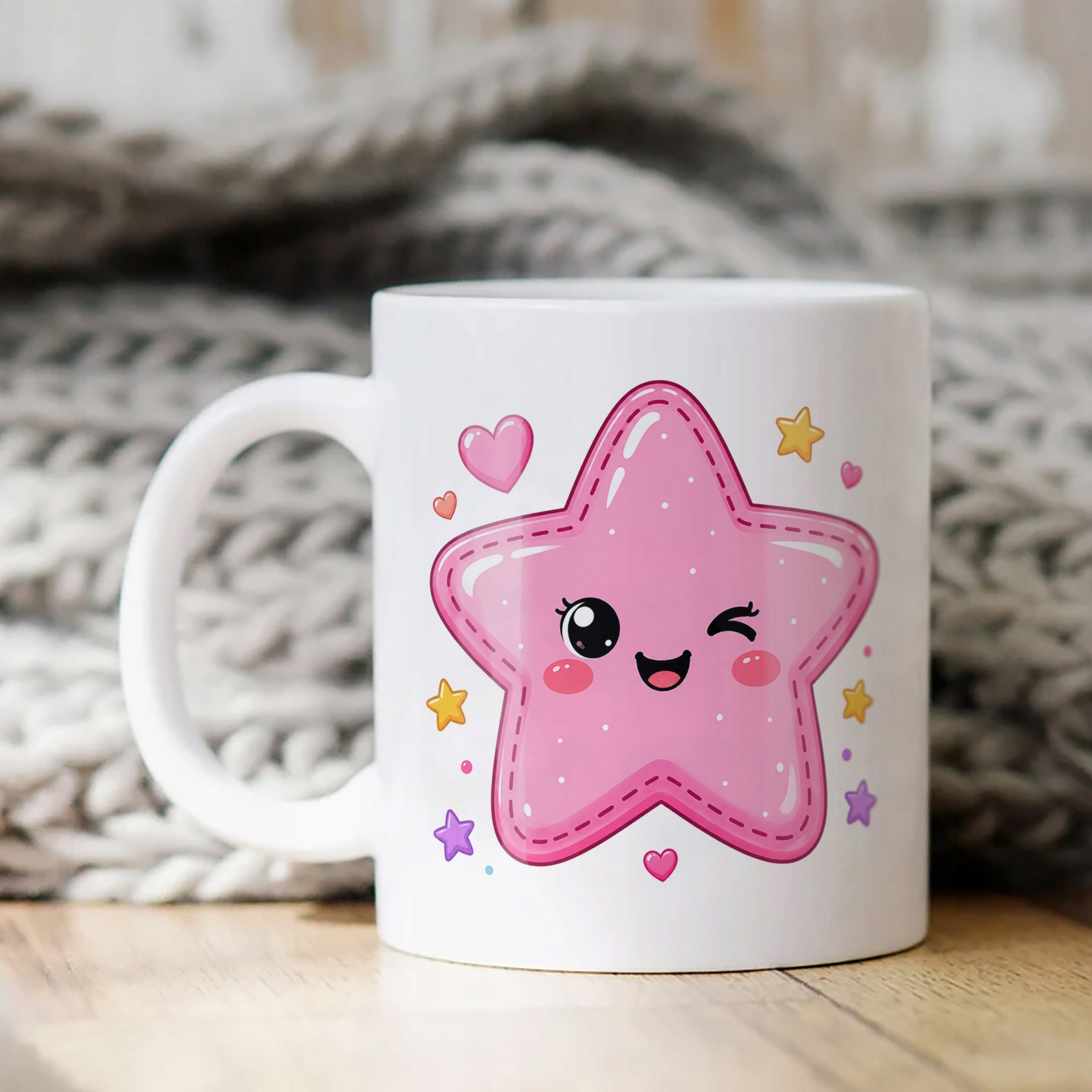 Biały Kubek z nadrukiem Kawaii Gwiazdka Dla Dzieci Prezent Upominek