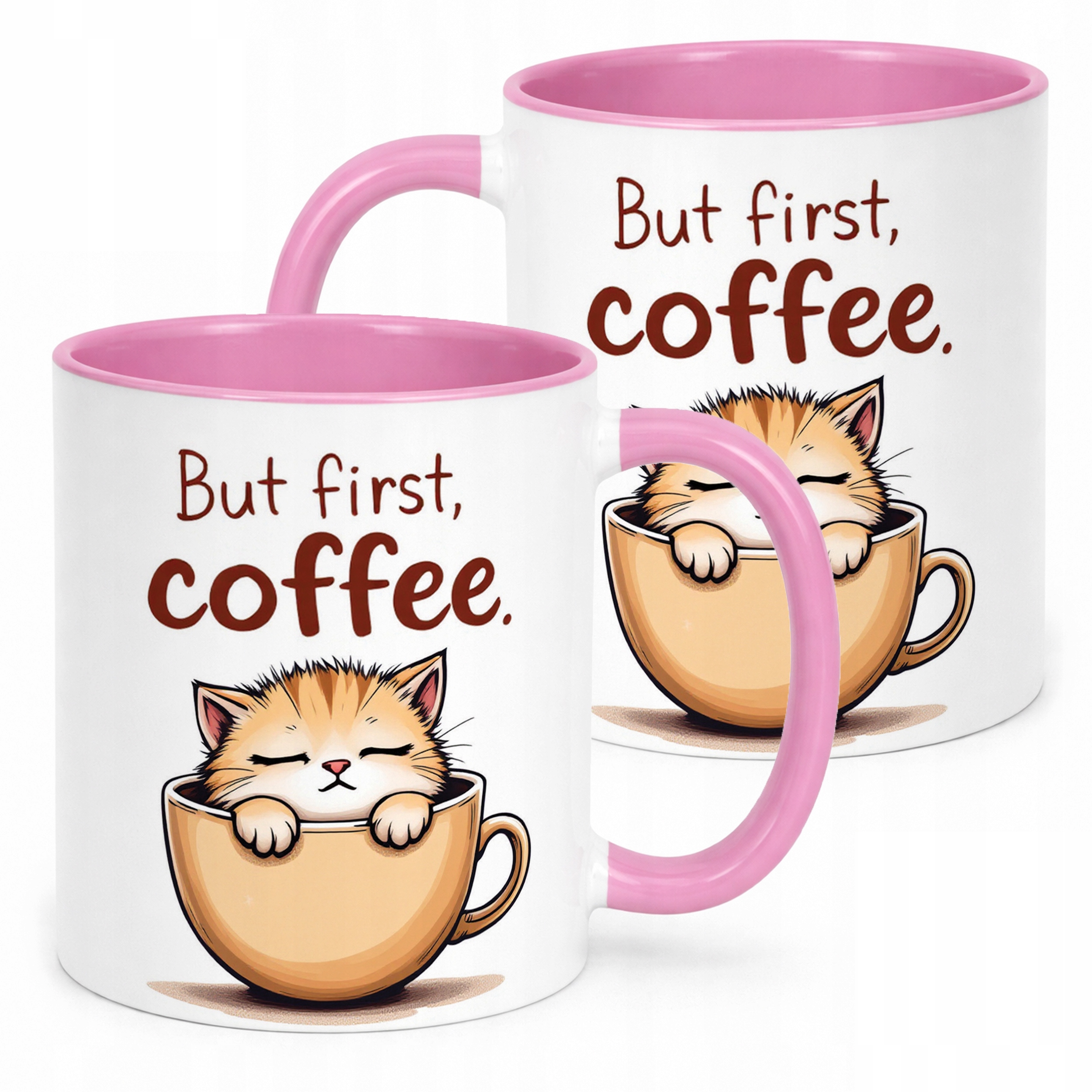 Kubek Różowy But First Coffee Kawa Kot Dla Kociary Prezent