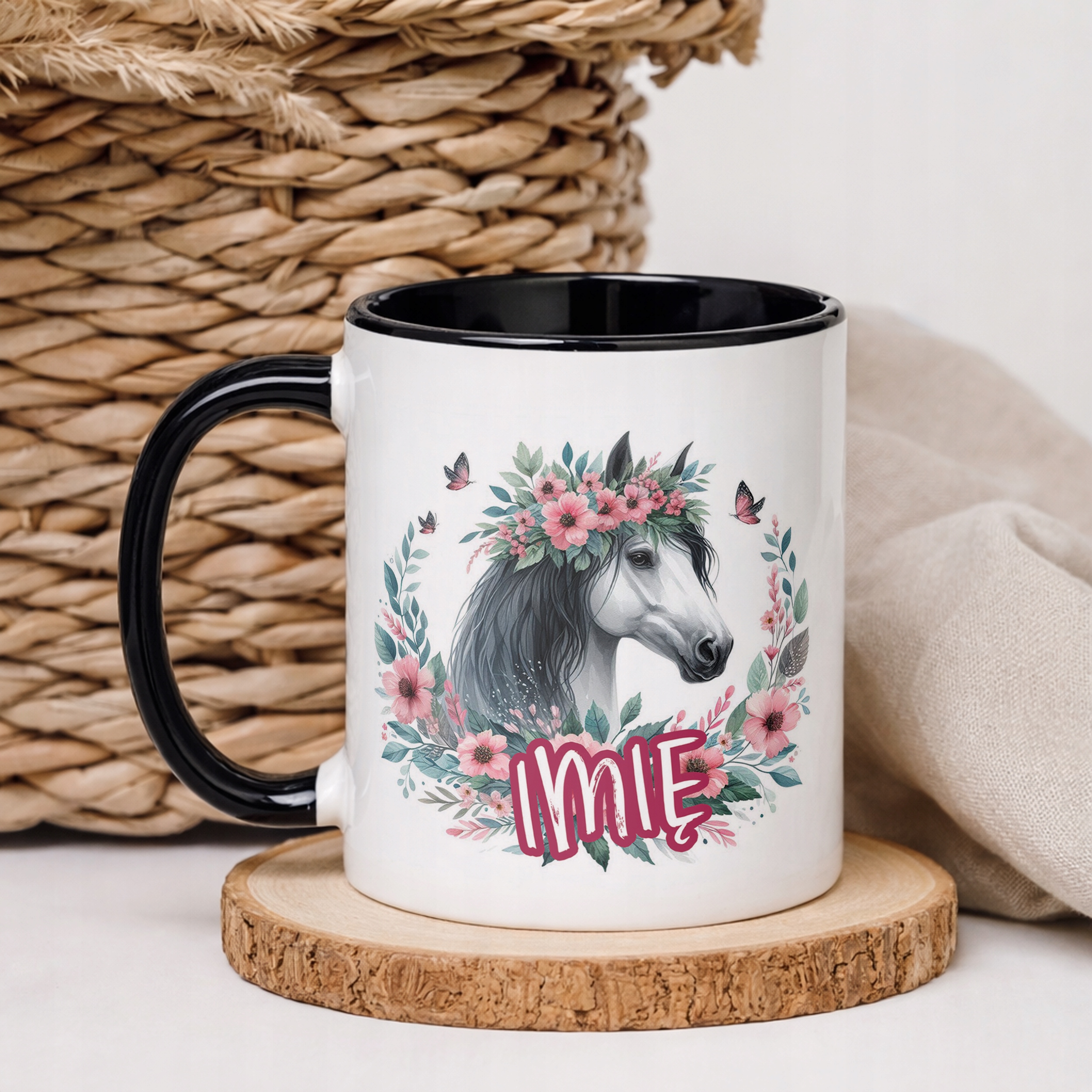 Kubek Czarny Personalizowany Z Koniem Koń Słodki Dla Dzieci Prezent