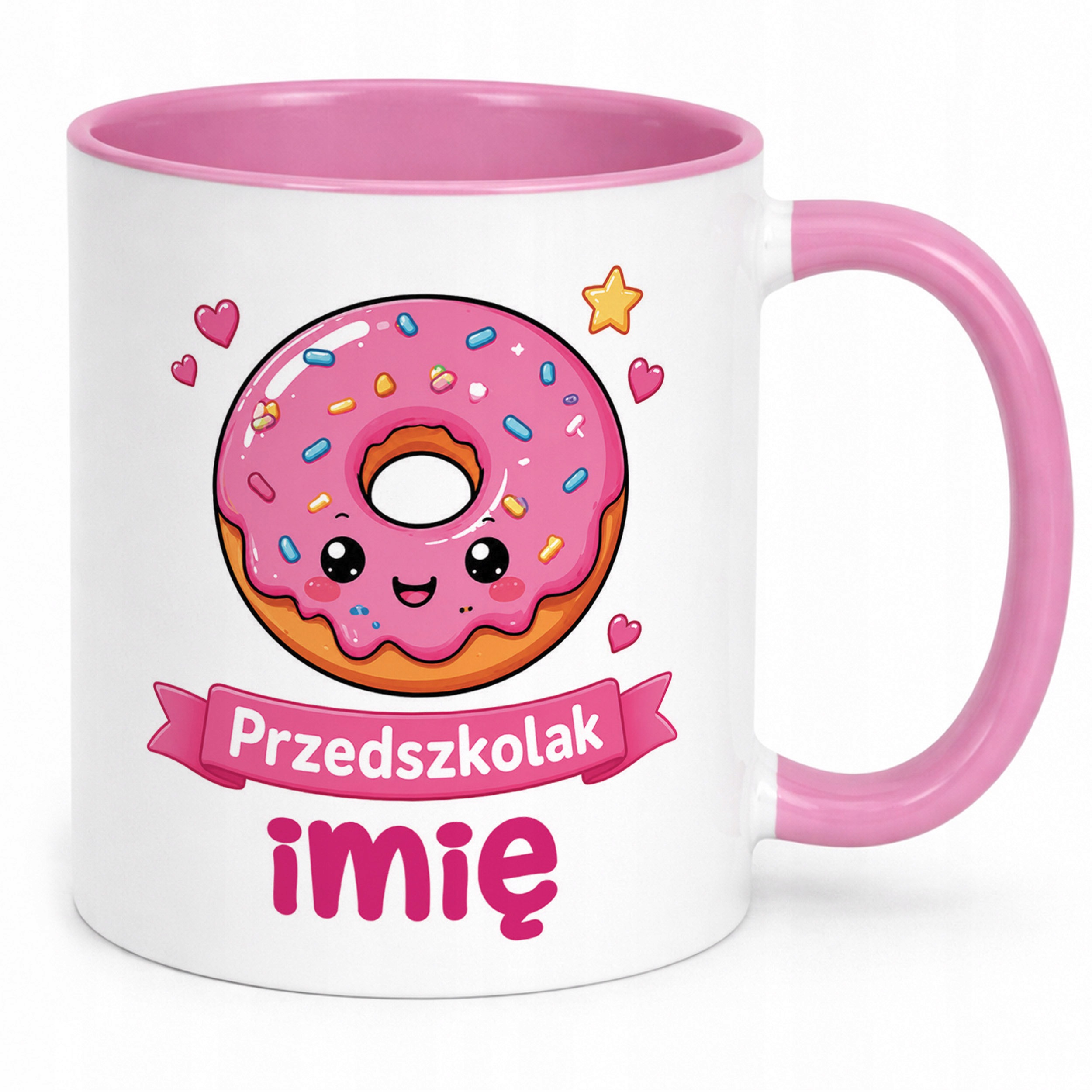 Zestaw Personalizowany Kubek Różowy Poduszka Przedszkolak Pączek