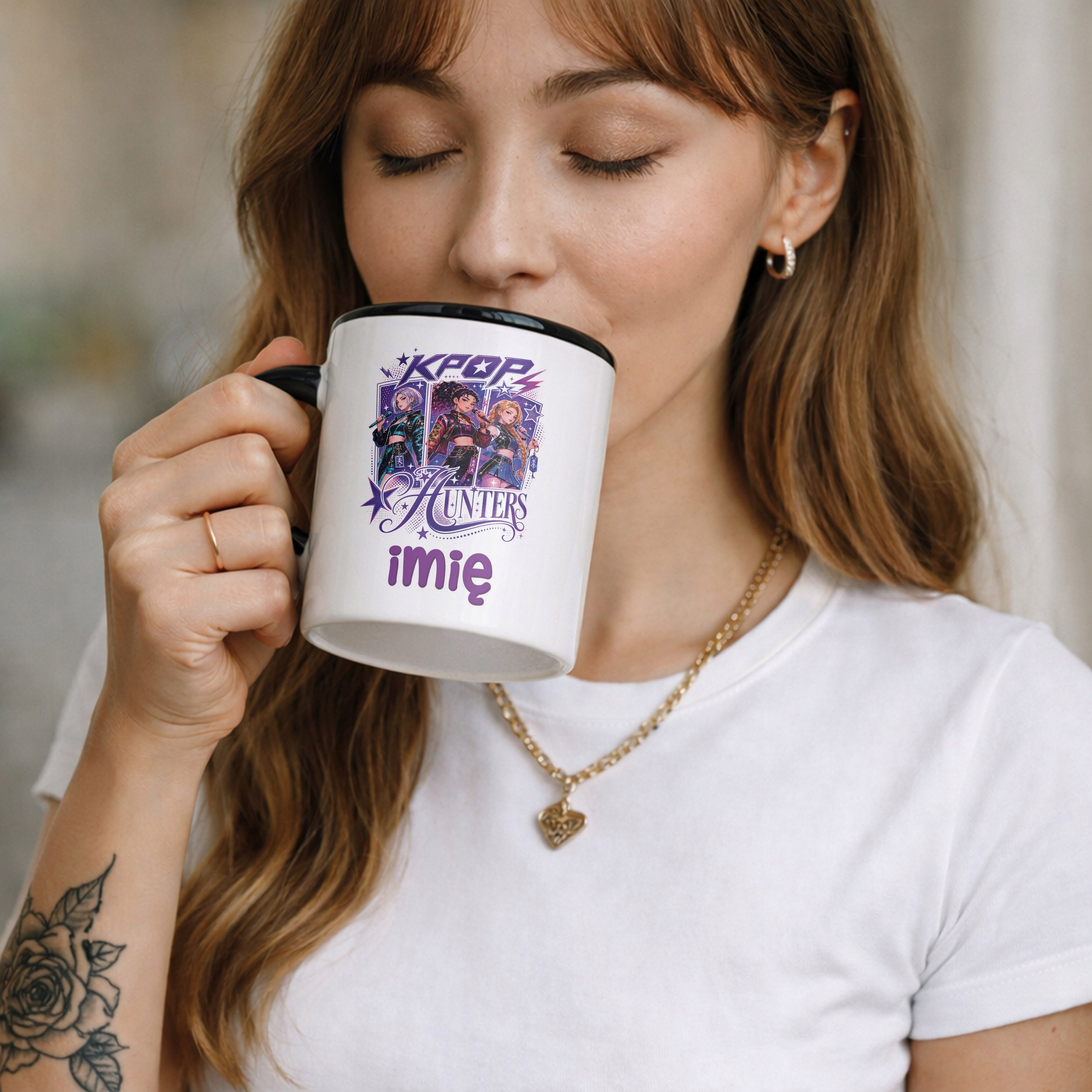 Zestaw Personalizowany Kubek Czarny Poduszka Łowczynie Kpop Prezent