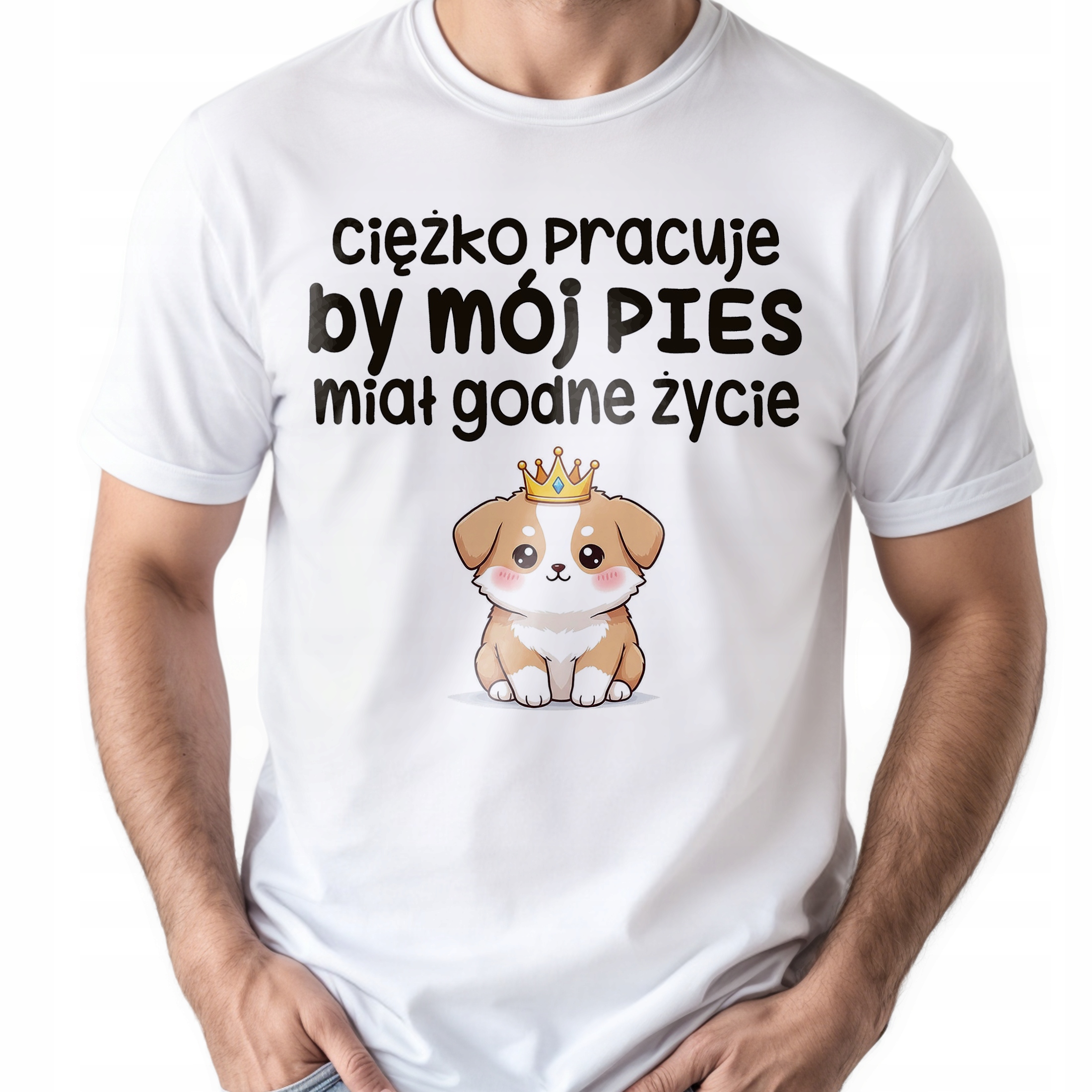Koszulka biała męska Ciężko Pracuję By Mój Pies Zabawny Prezent