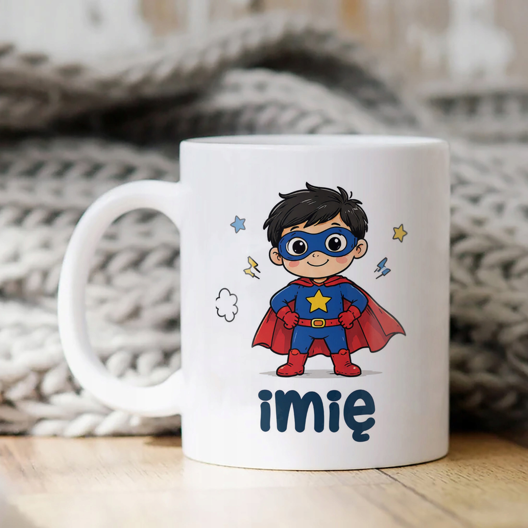 Biały Kubek z nadrukiem personalizowany Mały Superbohater Dla Dzieci