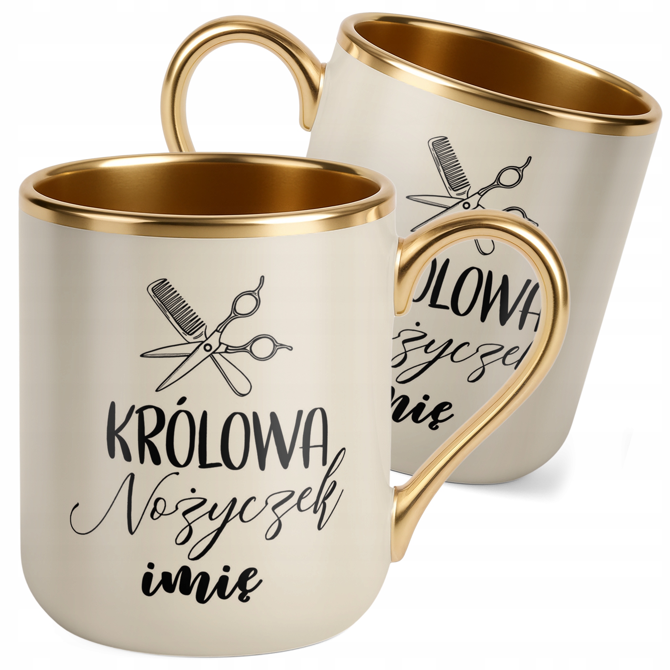 Kubek Premium Złoty Ecru Personalizowany Królowa Nożyczek Dla Fryzjerki