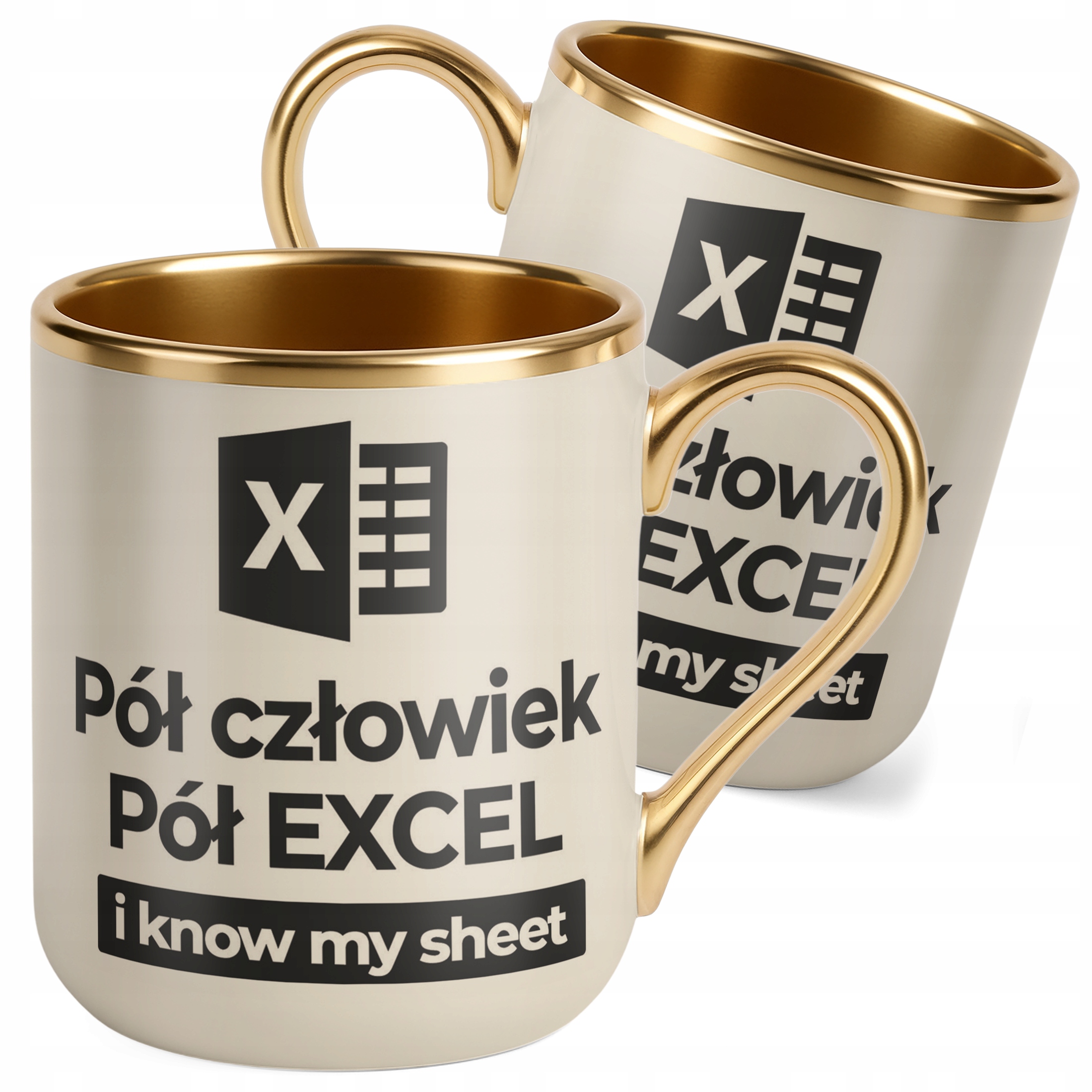 Kubek Premium Złoty Ecru Pół Człowiek Pół Excel Praca Zabawny Prezent
