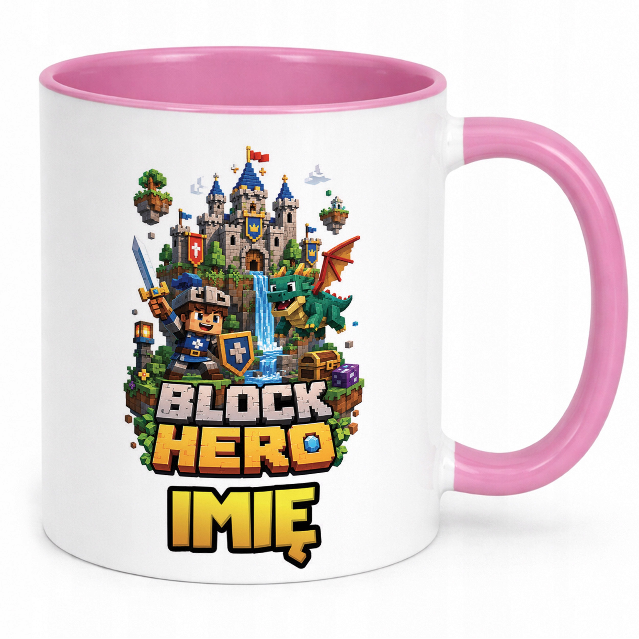 Zestaw Personalizowany Kubek Różowy Poduszka gra Block Hero Prezent