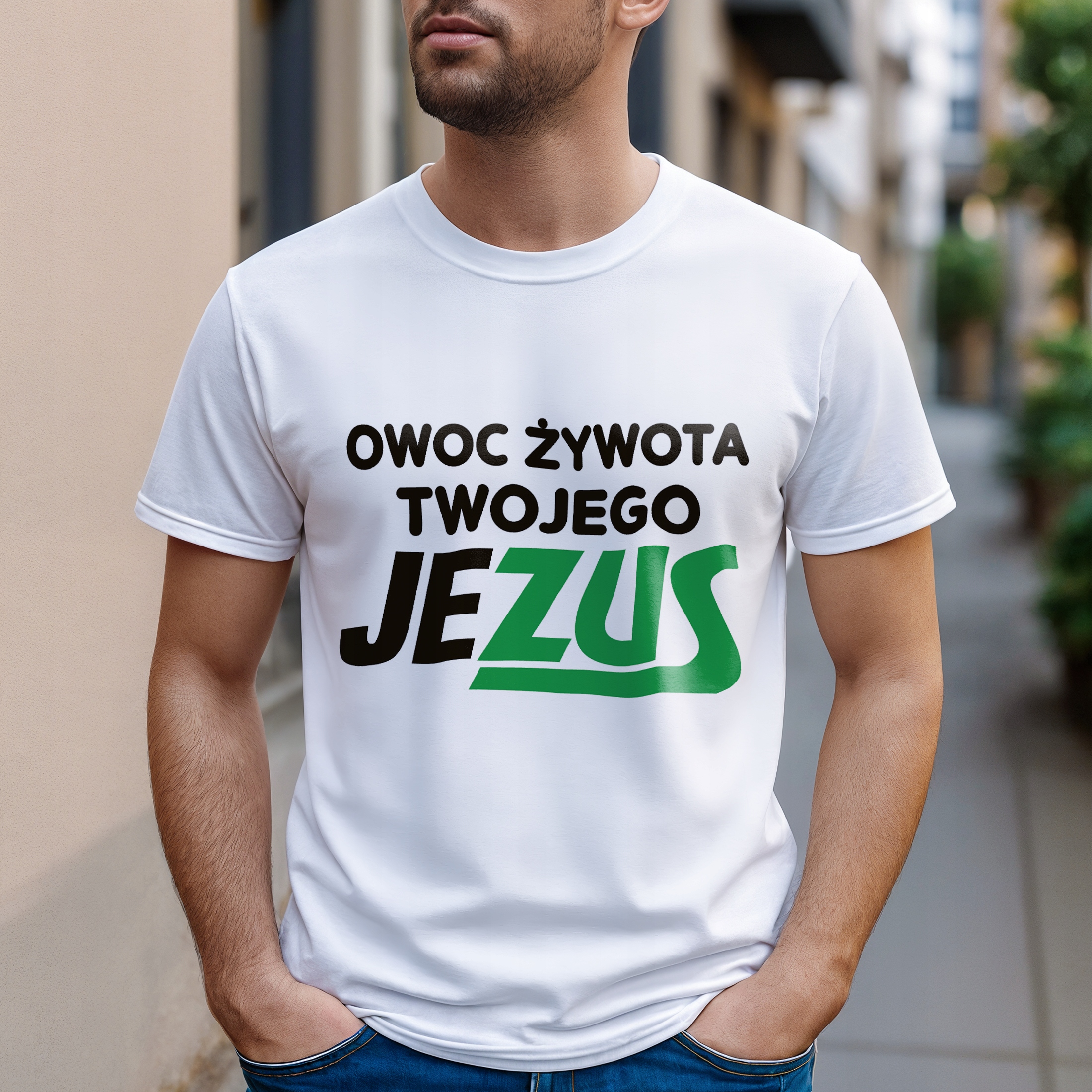 Koszulka biała męska Owoc Żywota Twojego Jezus Zabawny Prezent