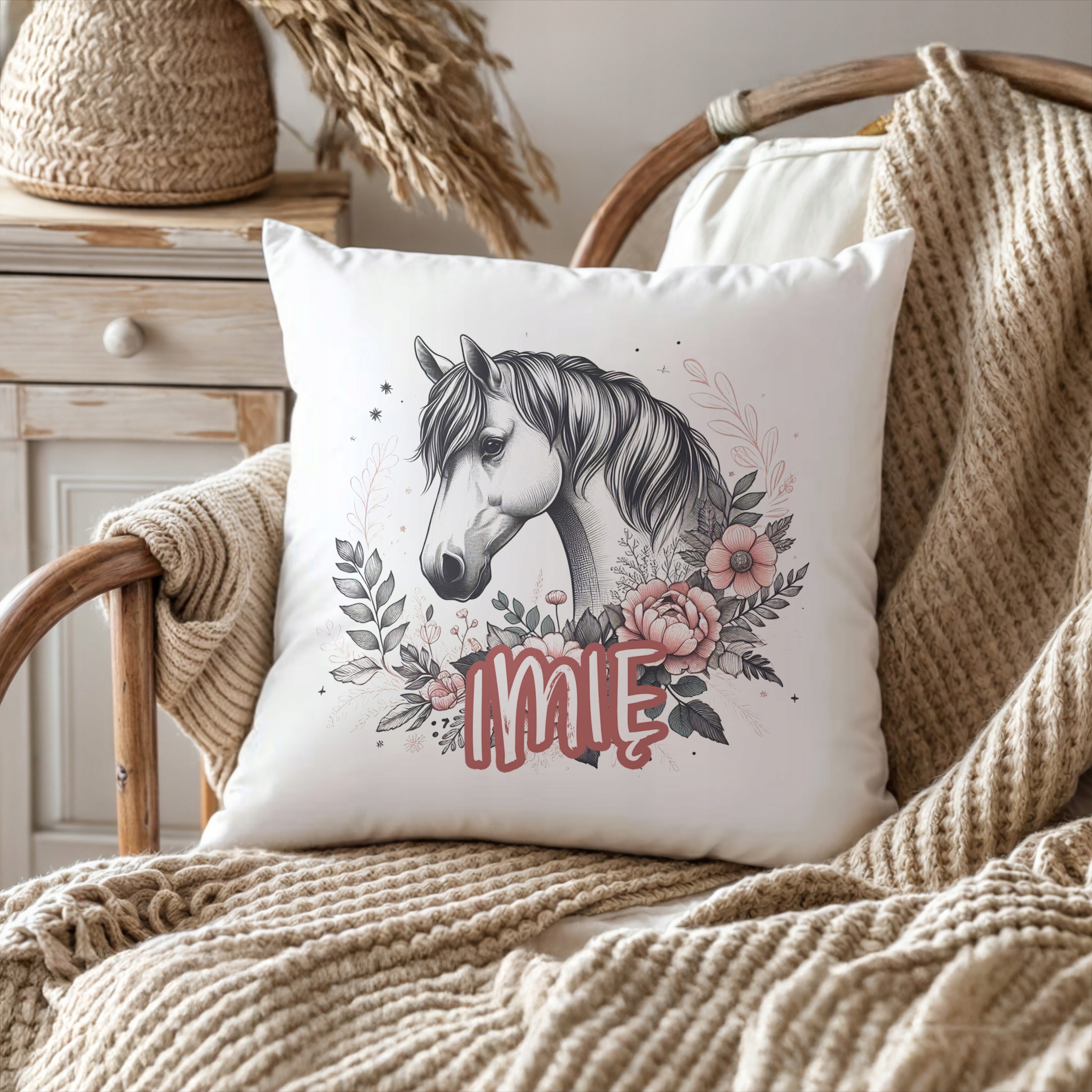 Zestaw Personalizowany Kubek + Poduszka 38×38 cm Z Imieniem Z Koniem Koń