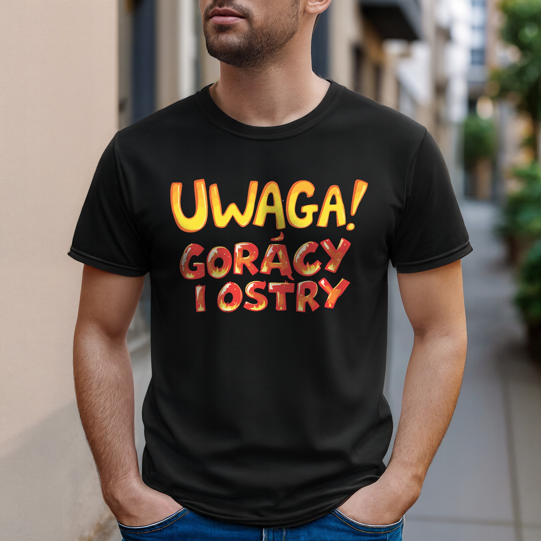 Koszulka czarna męska Uwaga Gorący I Ostry Zabawny Prezent r. 3XL