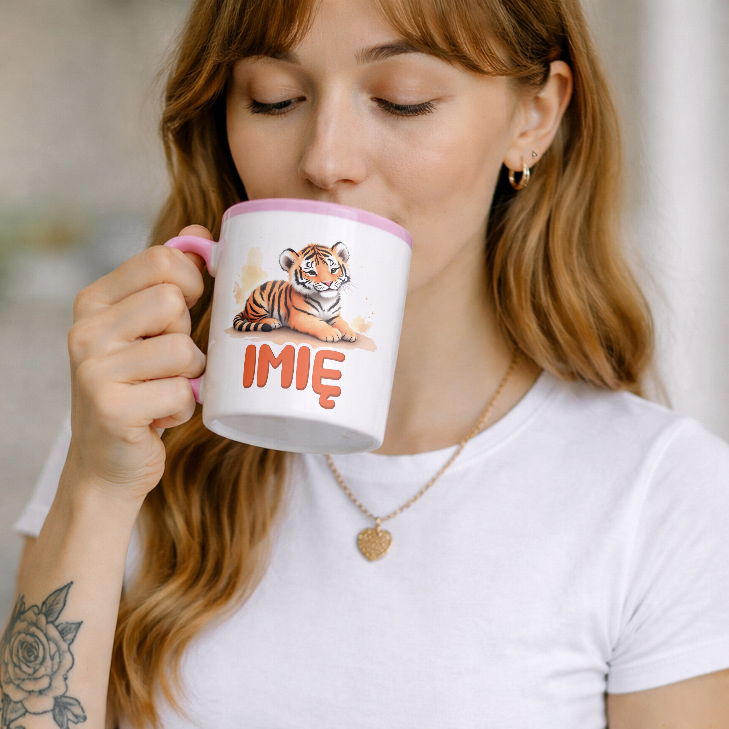 Kubek Różowy Personalizowany Tygrys Zwierzak Słodki Dla Dzieci