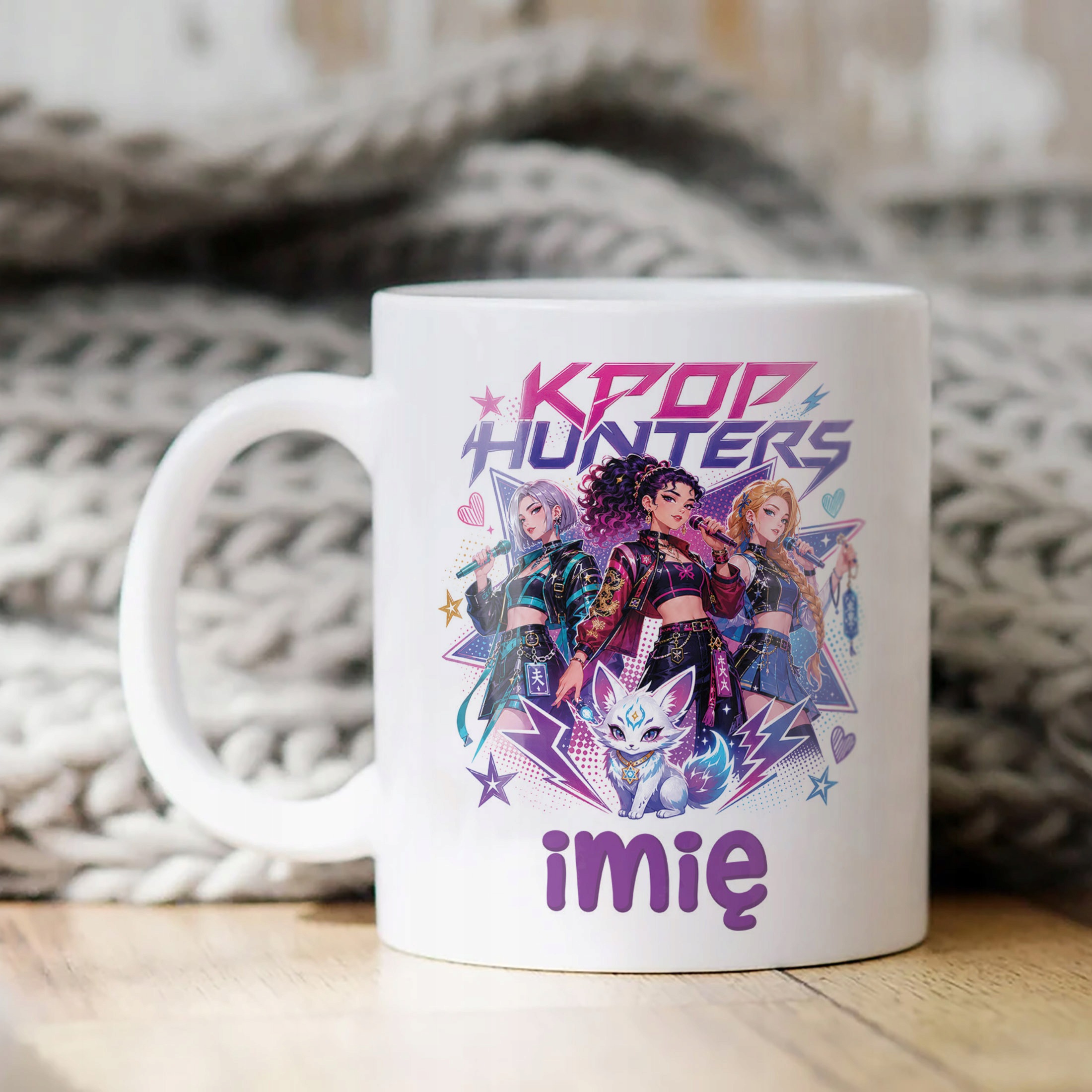 Biały Kubek z nadrukiem personalizowany ŁOWCZYNIE KPOP Dla Dzieci Prezent