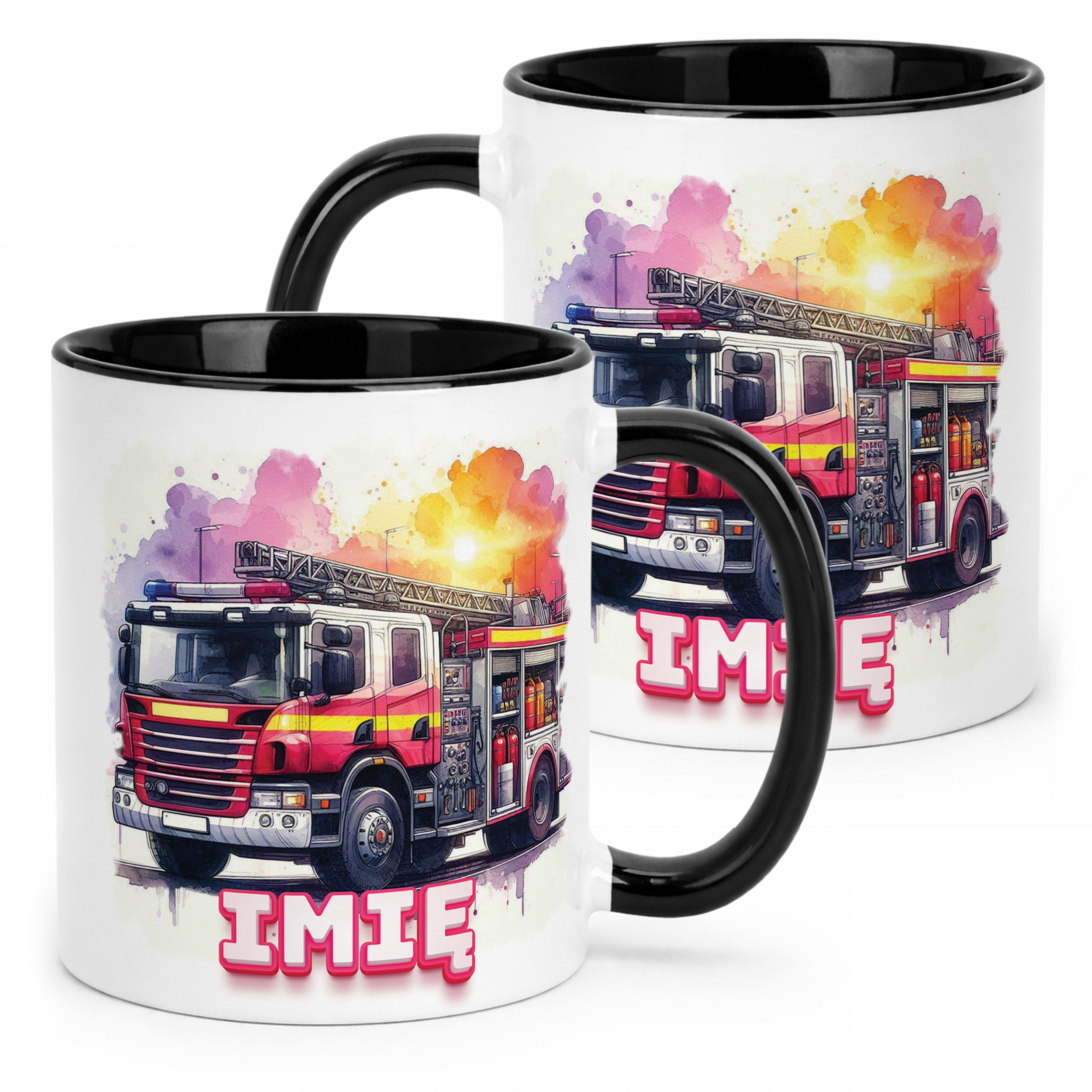 Kubek Czarny Personalizowany Dla Strażaka Wóz Strażacki Prezent