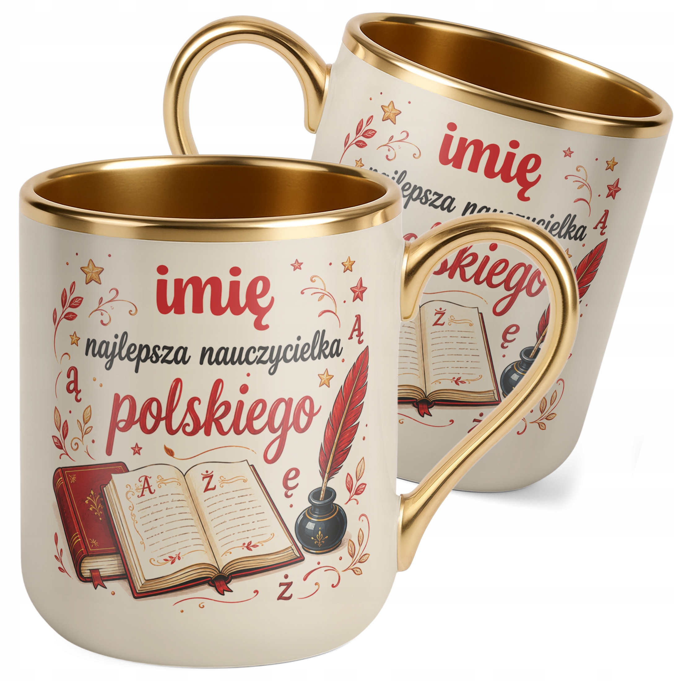 Kubek Premium Złoty Ecru z Imieniem Dzień Nauczyciela Język Polski Prezent