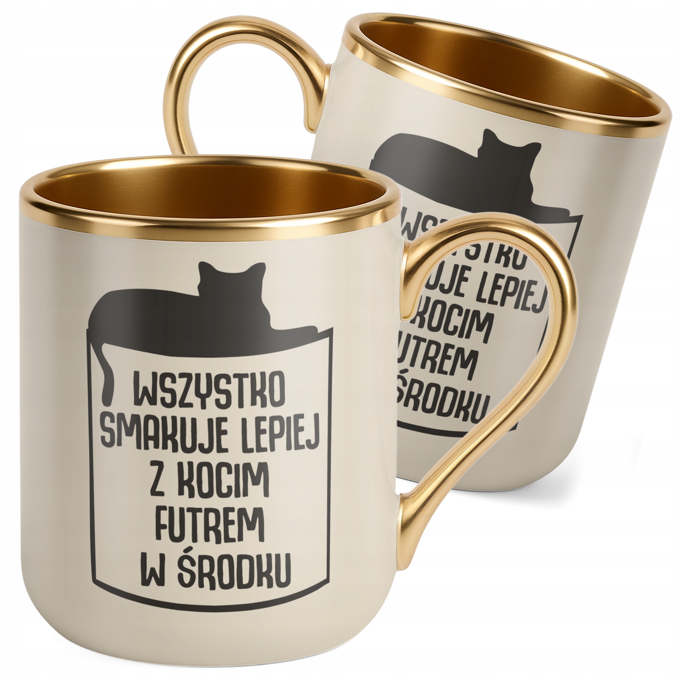 Kubek Premium Złoty Ecru Wszystko Lepiej Smakuje Z Kocim Futrem Kot