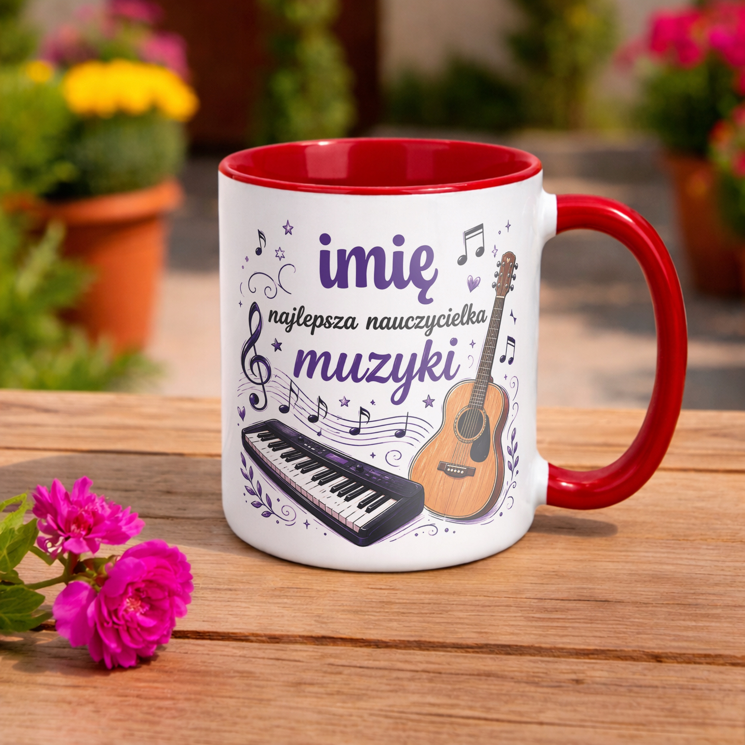 Kubek Czerwony z Imieniem Dzień Nauczyciela Muzyka Prezent