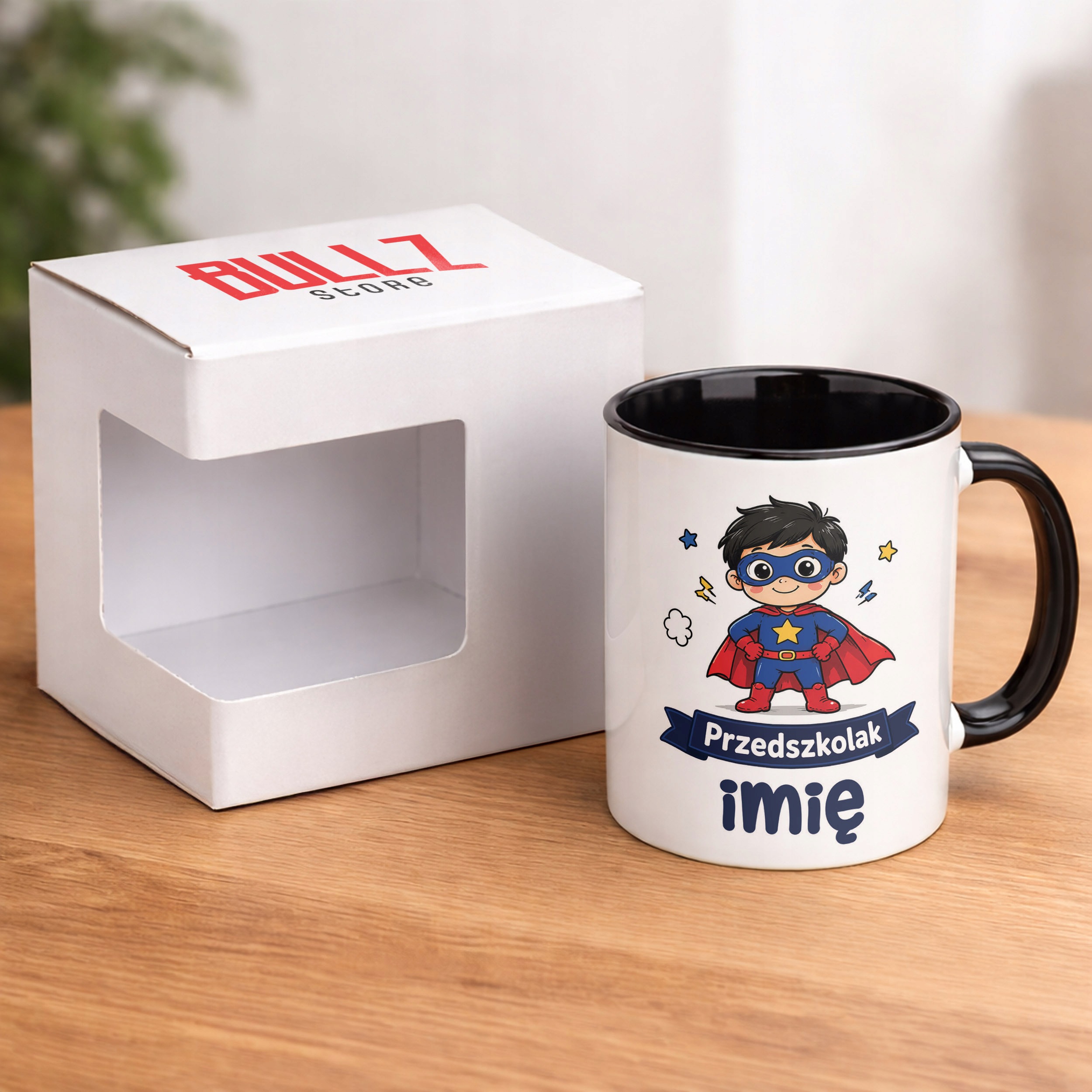 Zestaw Personalizowany Kubek Czarny Poduszka Przedszkolak