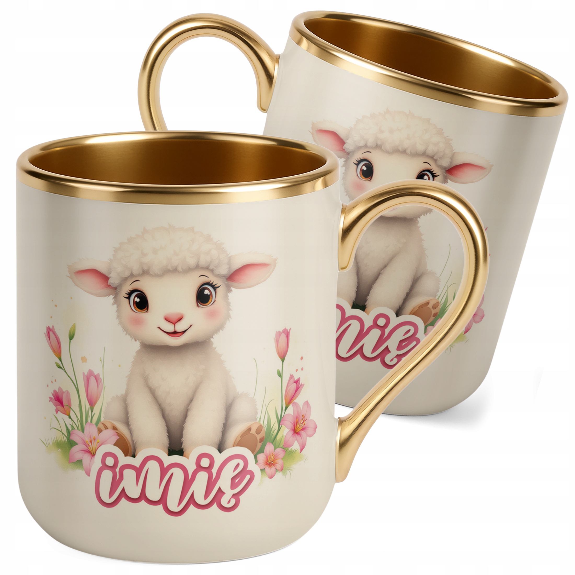 Kubek Premium Złoty Ecru Personalizowany Wielkanoc Prezent Baranek Wiosna
