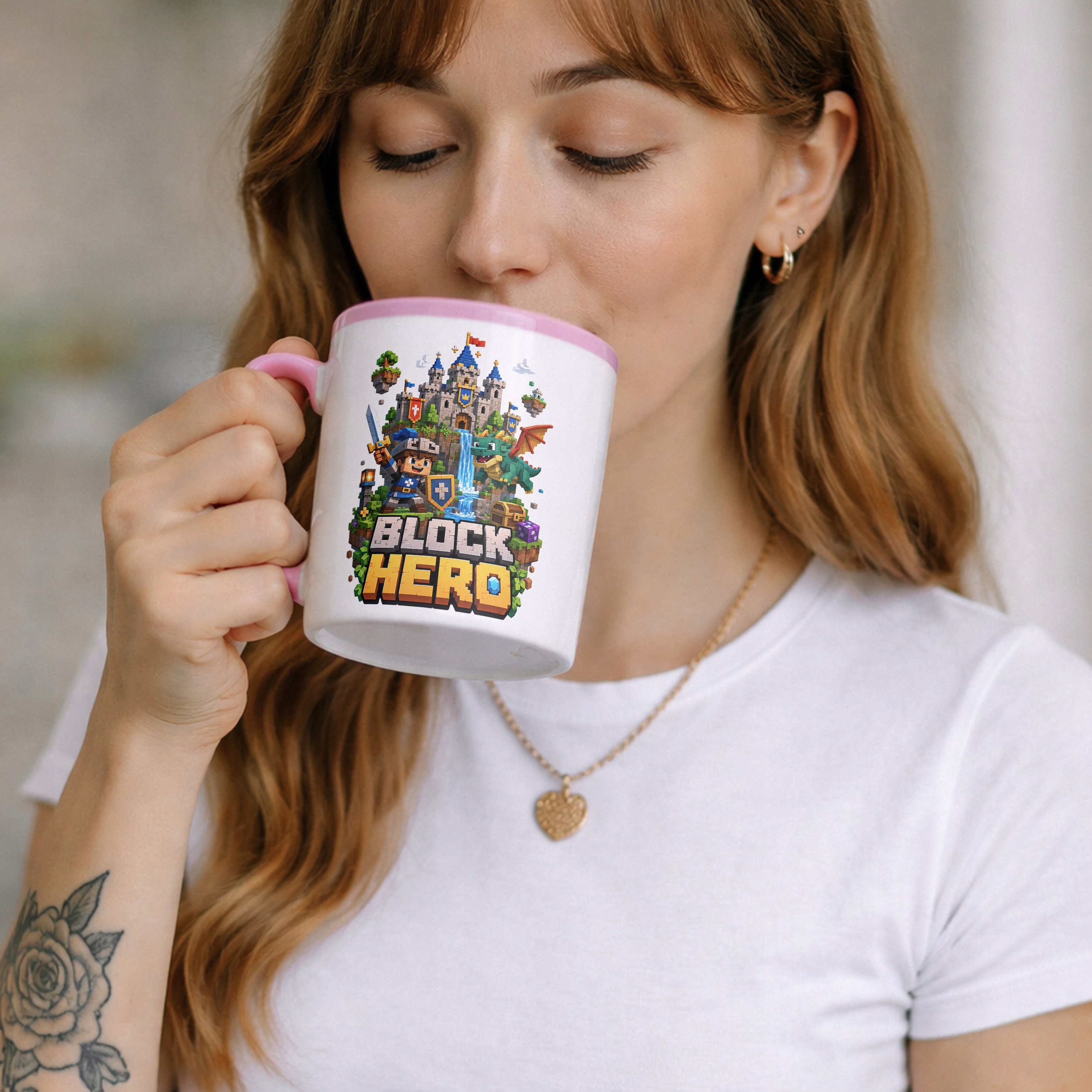 Zestaw Kubek Różowy Poduszka Z Nadrukiem BLOCK HERO Gra Prezent