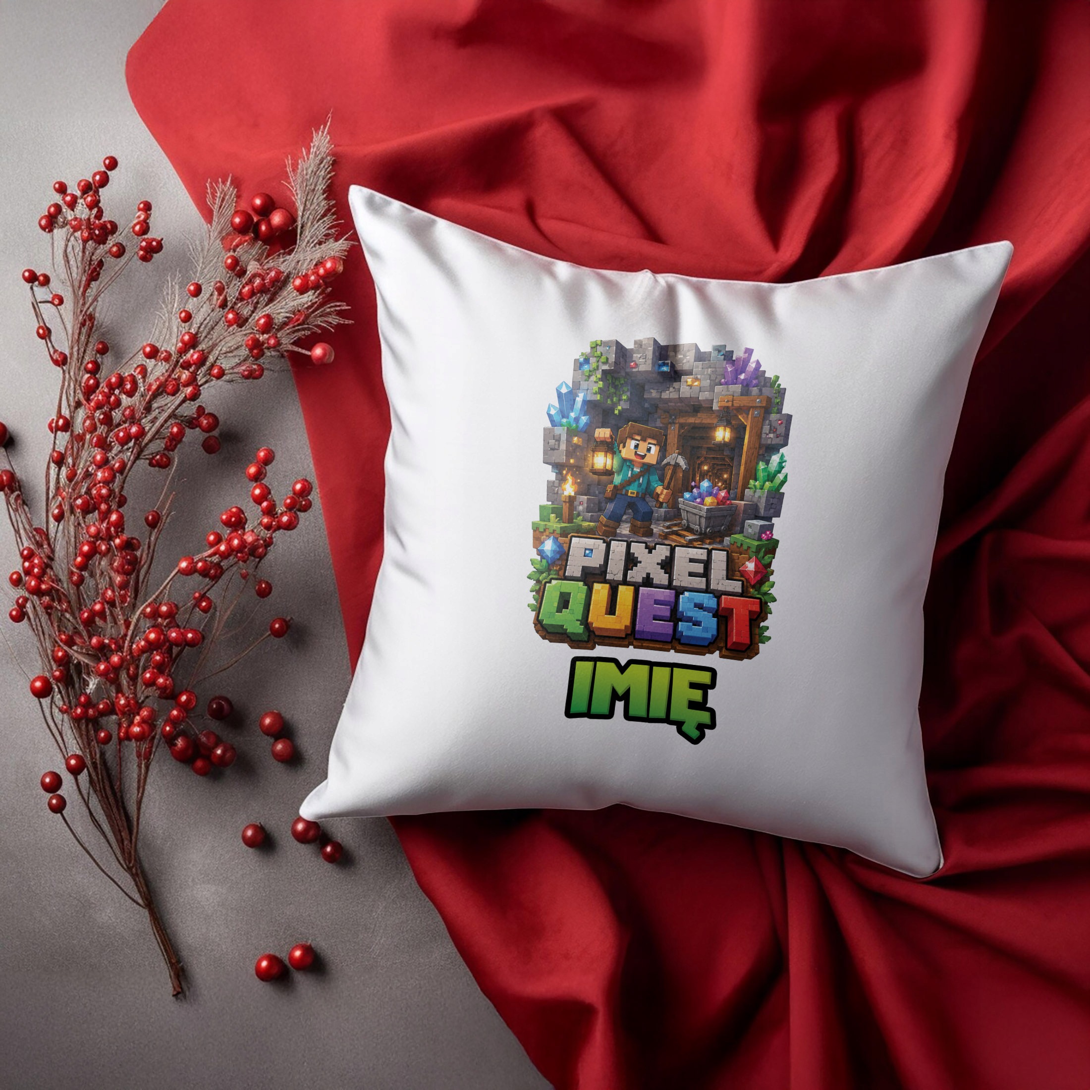 Zestaw Personalizowany Kubek Różowy Poduszka gra Pixel Quest Prezent