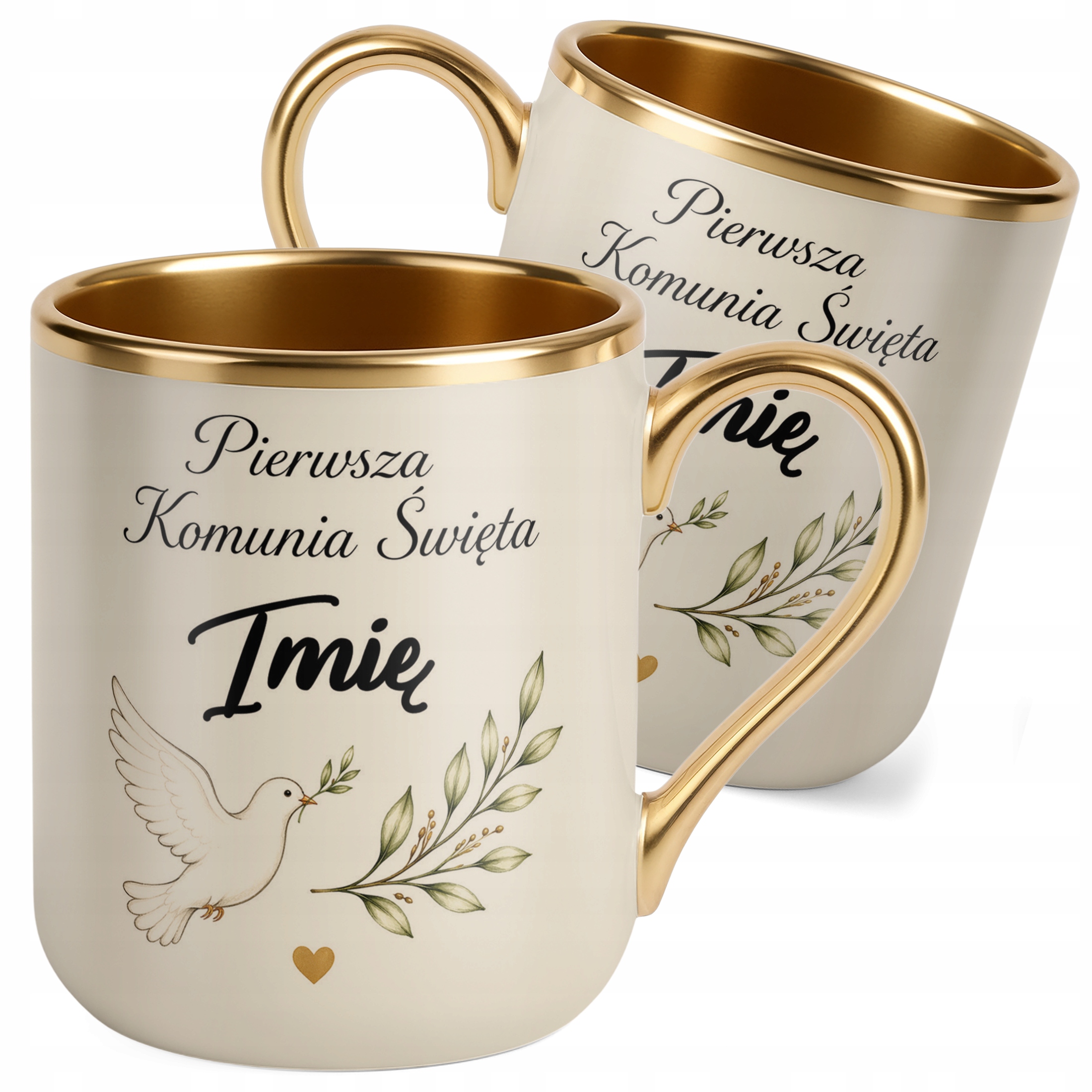 Kubek Premium złoty ecru Komunia Święta z imieniem dziecka
