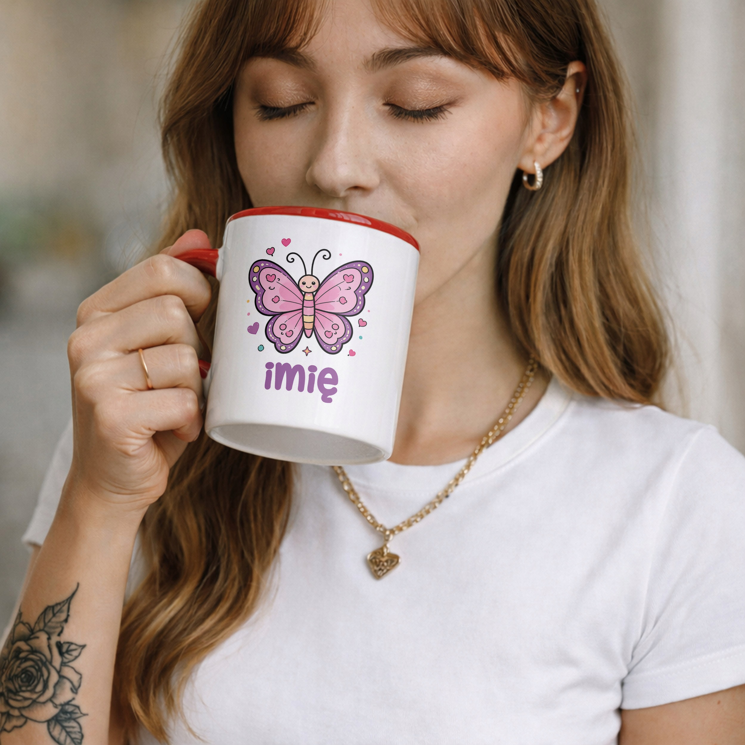 Kubek Czerwony z nadrukiem personalizowany Uroczy Motylek Prezent