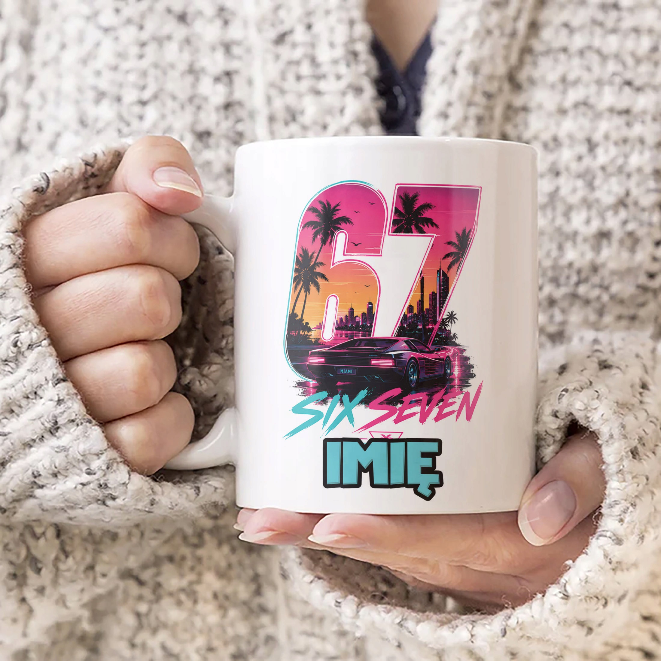 Biały Kubek z nadrukiem personalizowany 67 Miami Gra Dla Dzieci Prezent