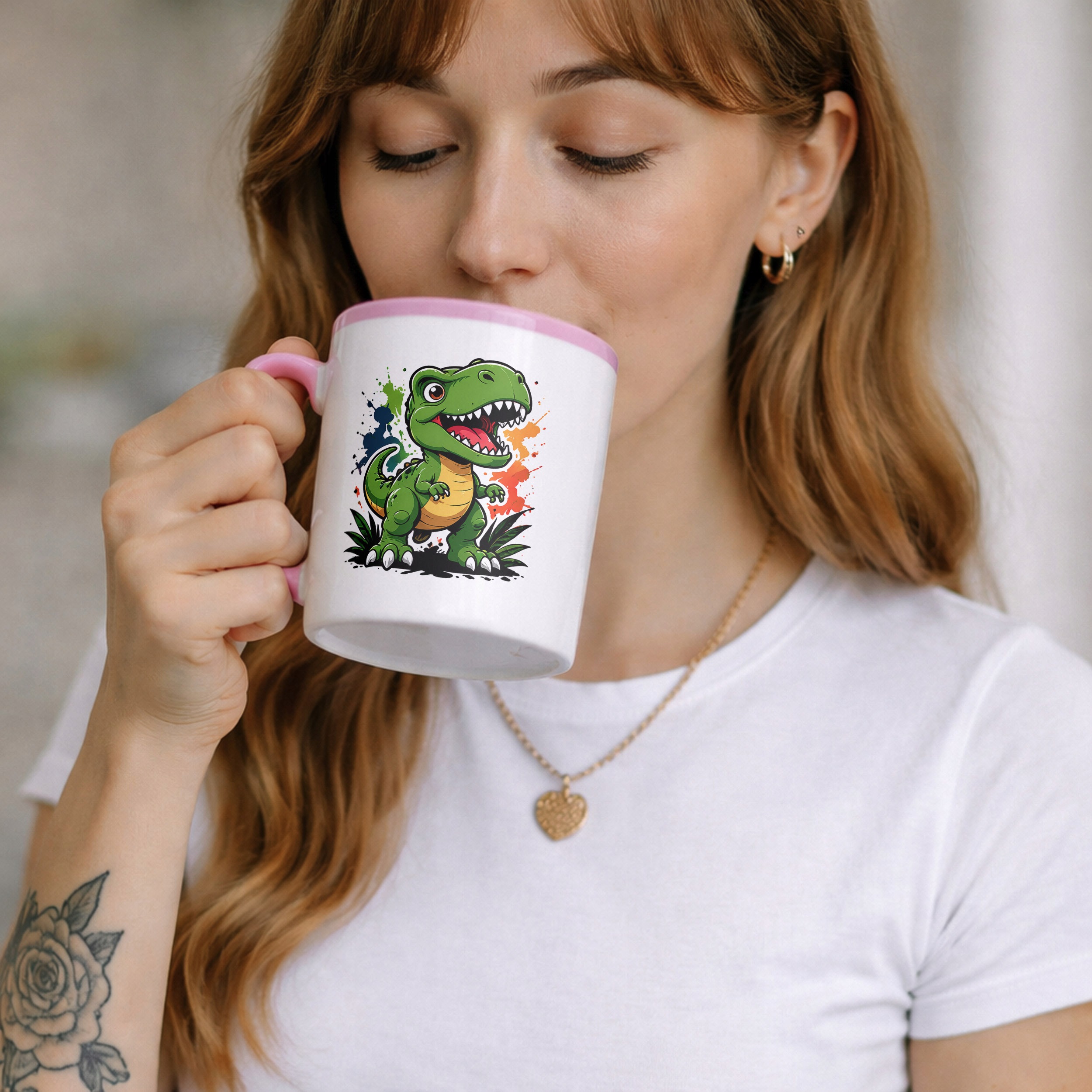 Zestaw Kubek Różowy Poduszka Z Nadrukiem Dinozaur Prezent