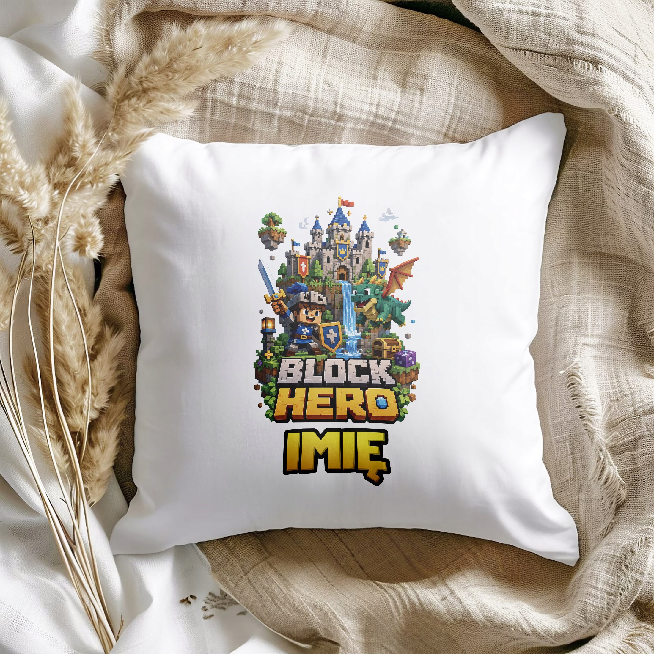 Zestaw Personalizowany Kubek Różowy Poduszka gra Block Hero Prezent