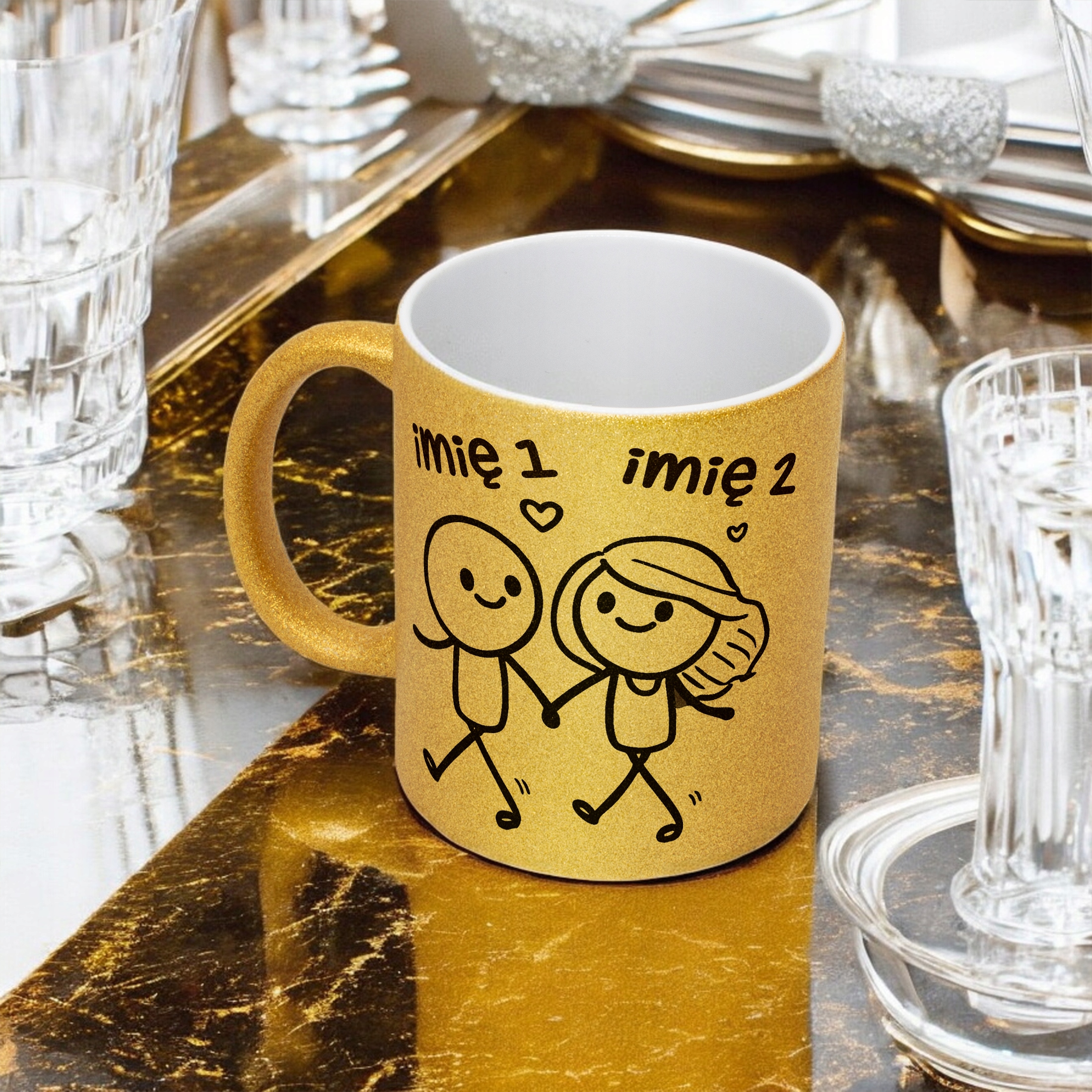 Złoty kubek brokatowy personalizowany Walentynki Prezent Upominek