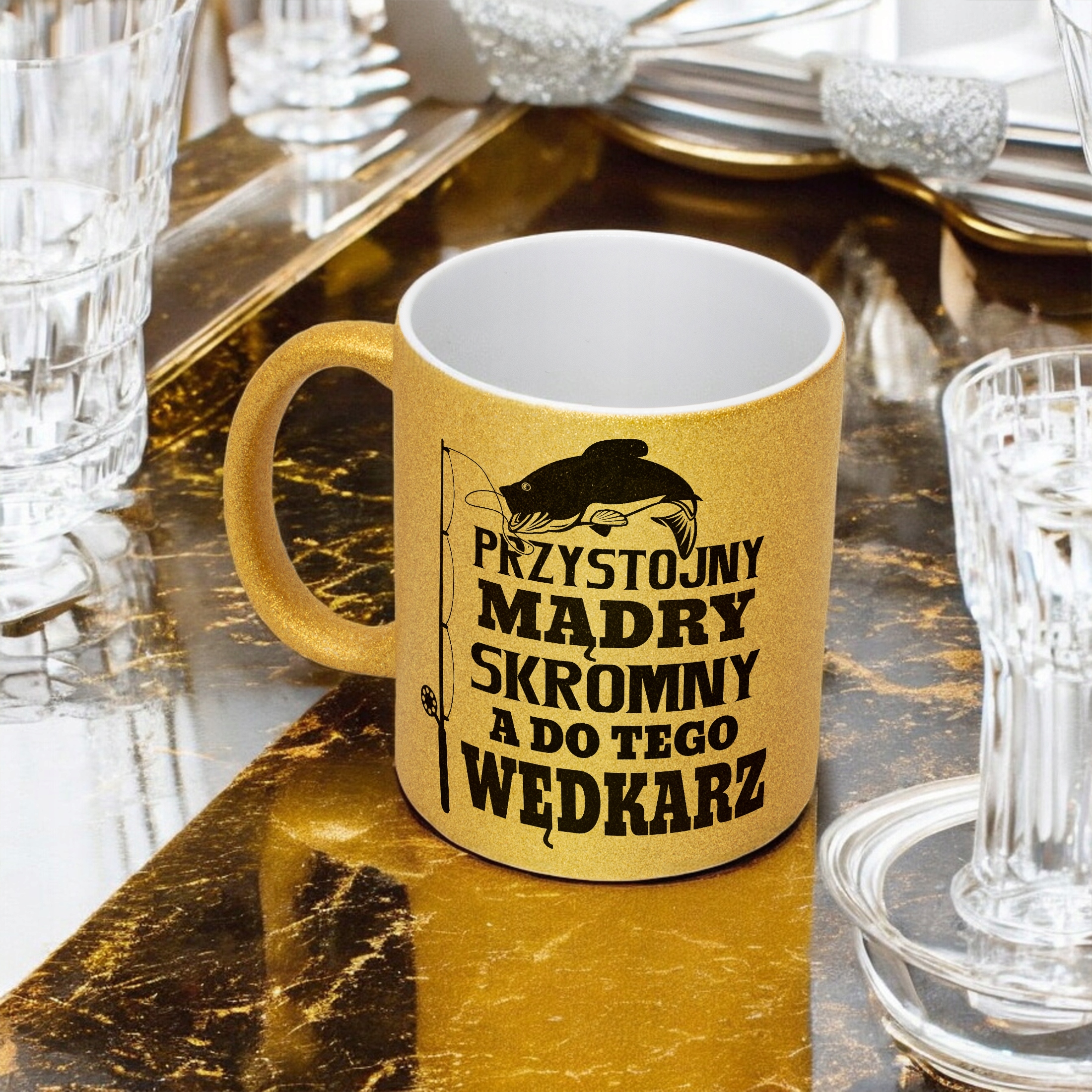 Złoty kubek brokatowy Dla Wędkarza Wędkowanie Ryby Zabawny Prezent