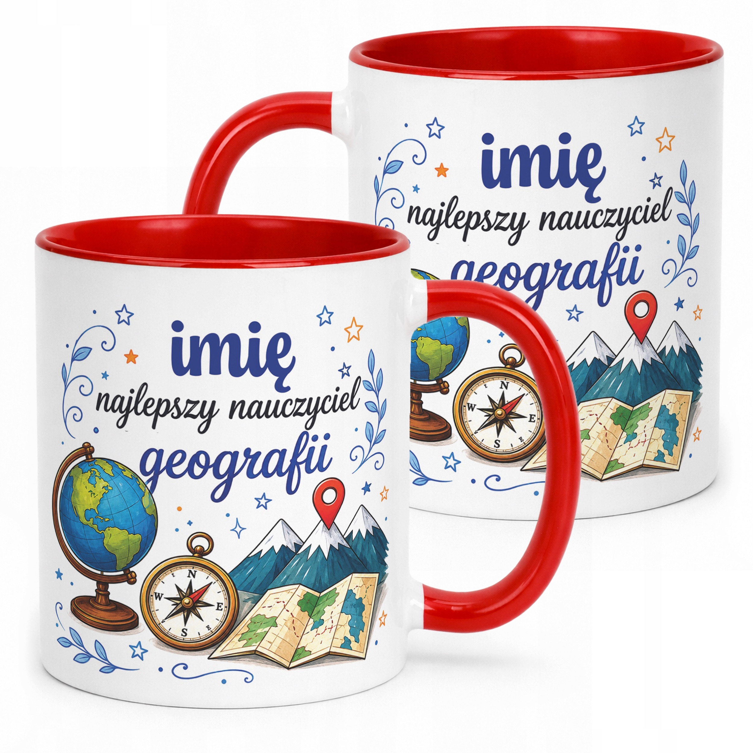 Kubek Czerwony z Imieniem Dzień Nauczyciela Geografia Prezent