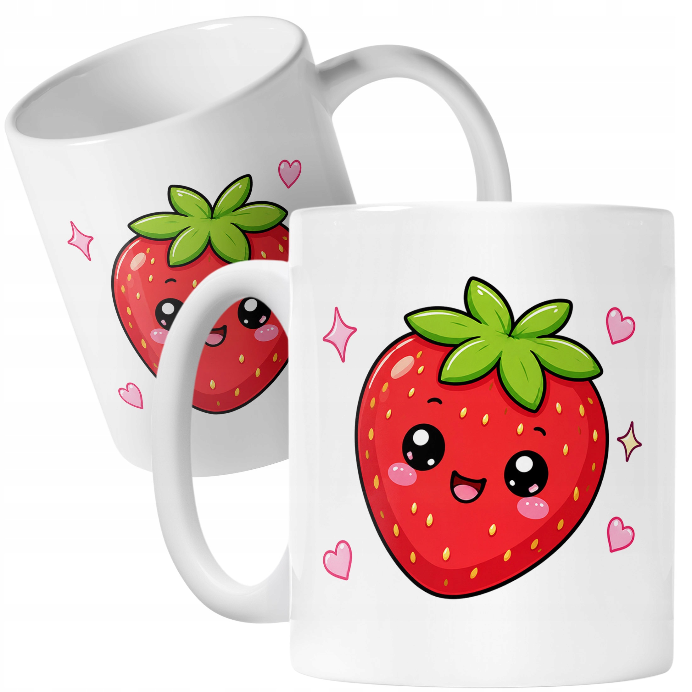 Biały Kubek z nadrukiem Kawaii Truskawka Dla Dzieci Prezent Upominek