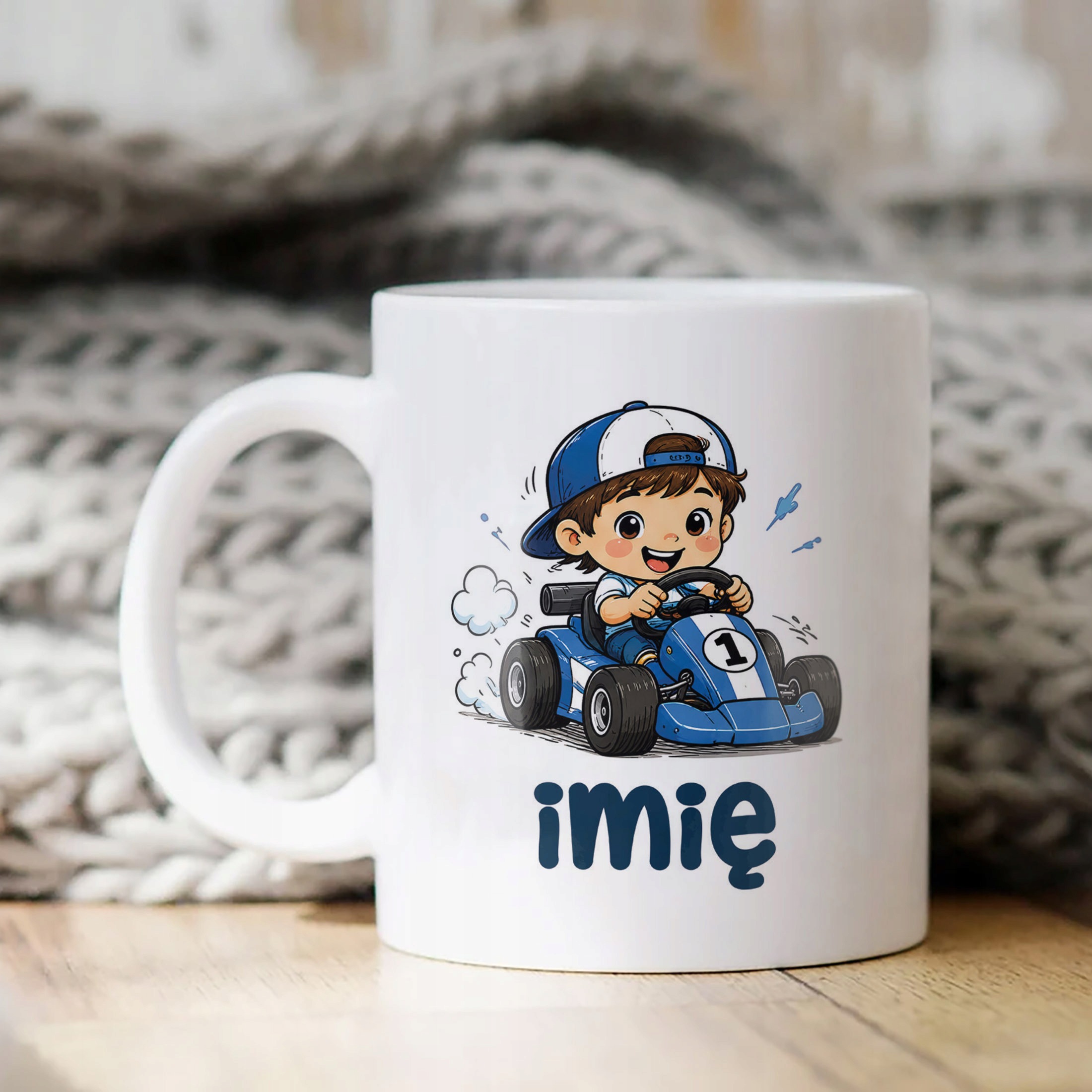 Biały Kubek z nadrukiem personalizowany Wyścigówka Dla Dzieci Prezent