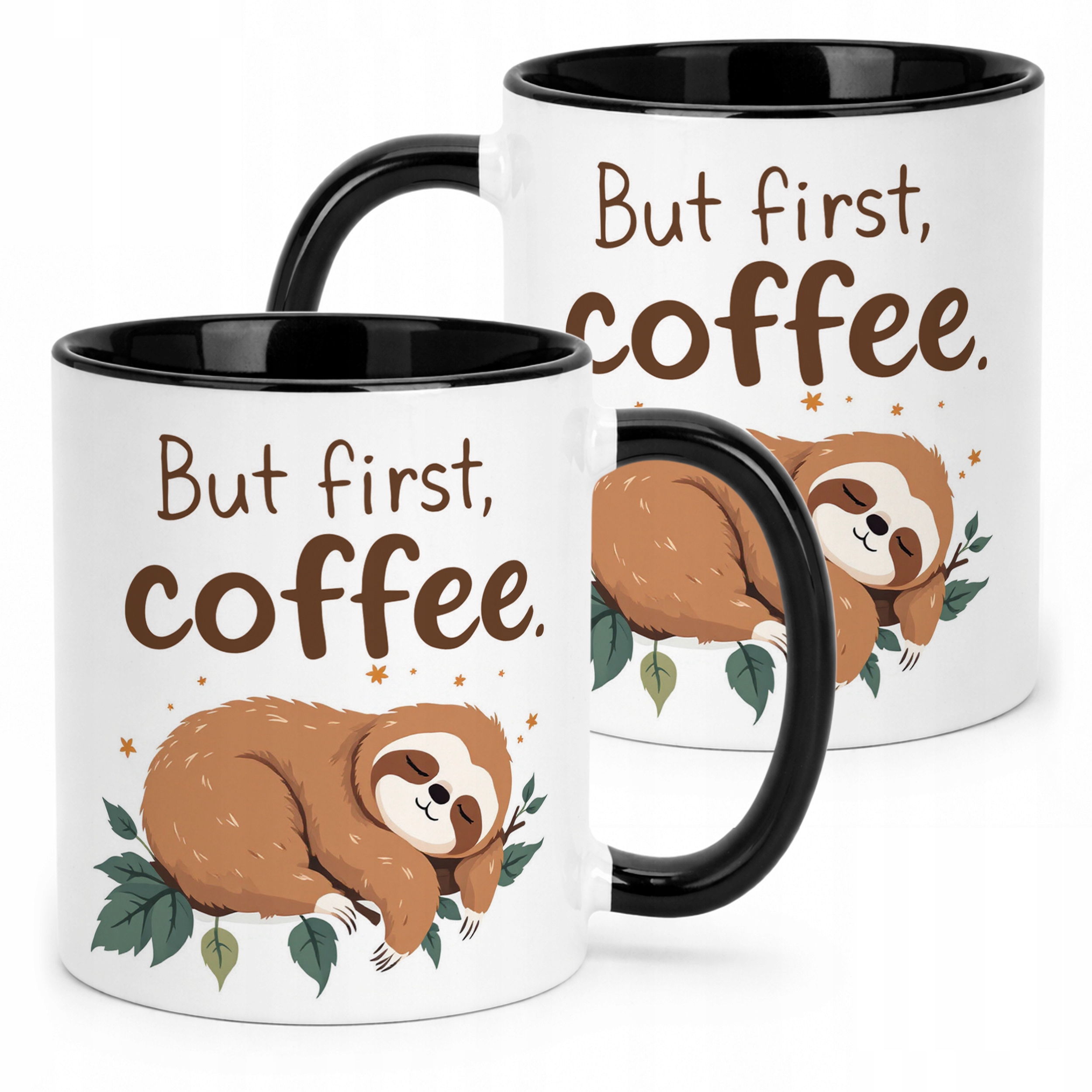 Kubek Czarny But First Coffee Kawa Leniwiec Zabawny Prezent