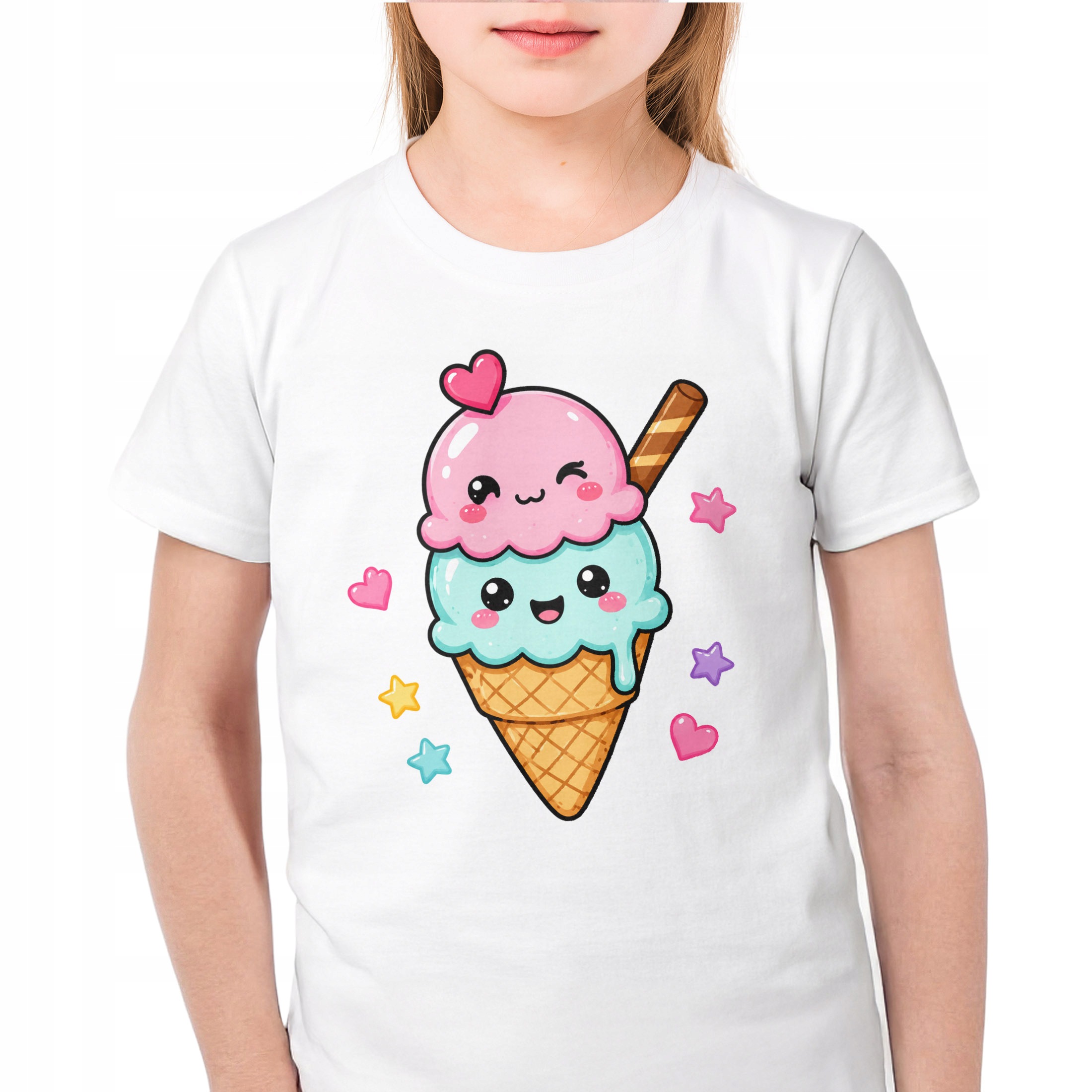 Koszulka Dziecięca Biała Z Nadrukiem Kawaii lody w Dla Dzieci r. 116
